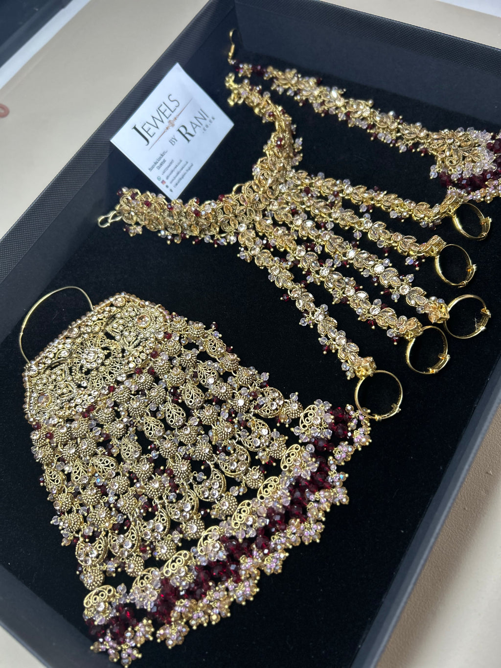 Pre Order 6 Weeks: 22crt Gold Plated Hand Piece, Jhumar & Tikka