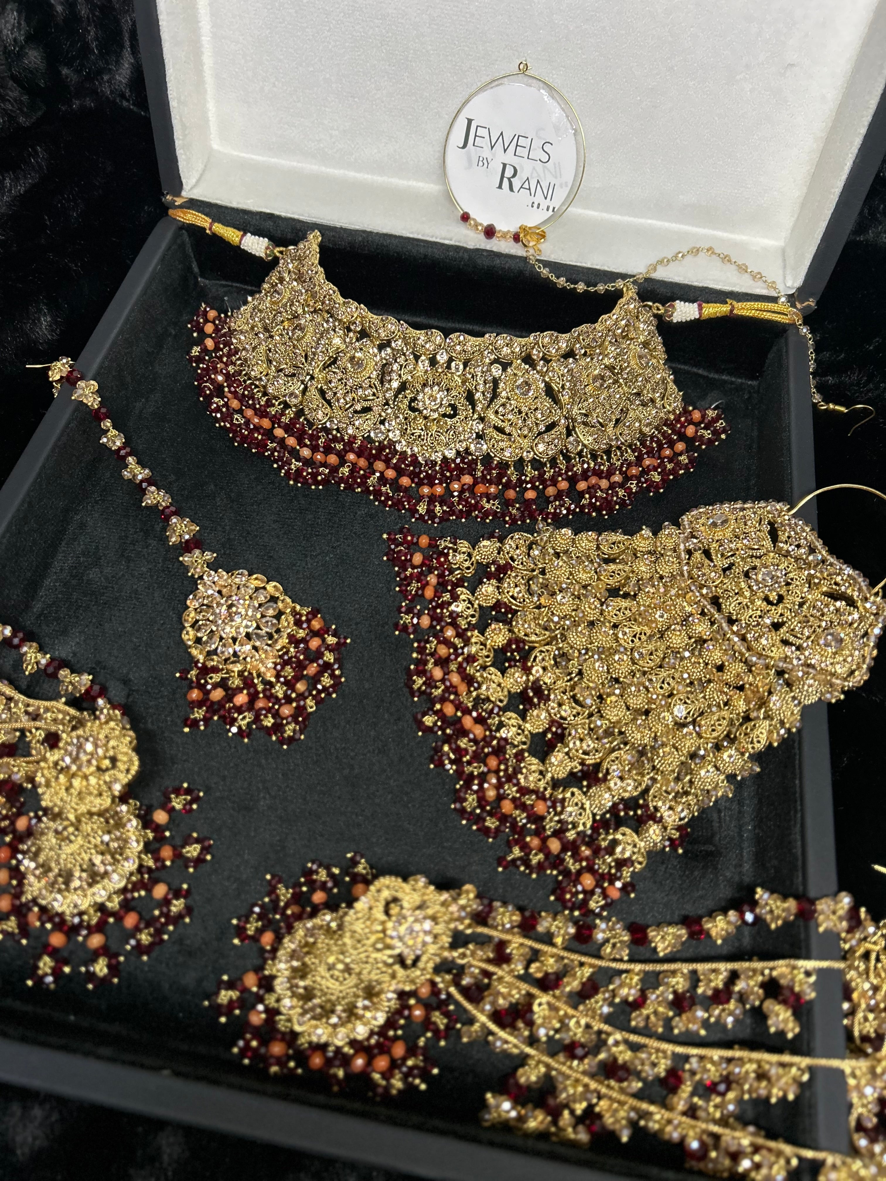 Pre order - 22 crt Gold Plated - Beautiful Maroon and Burnt Orange  Pakistani Bridal Jewellery Set