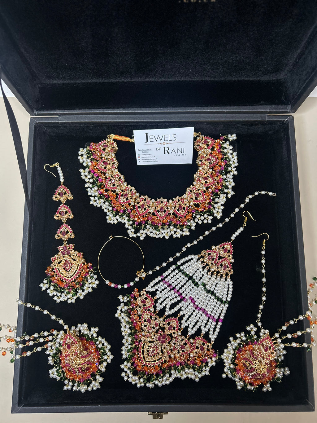 Green, Hot pink, Gold & White coloured necklace set, with heavily beaded Jhumkies & tikka (Copy)