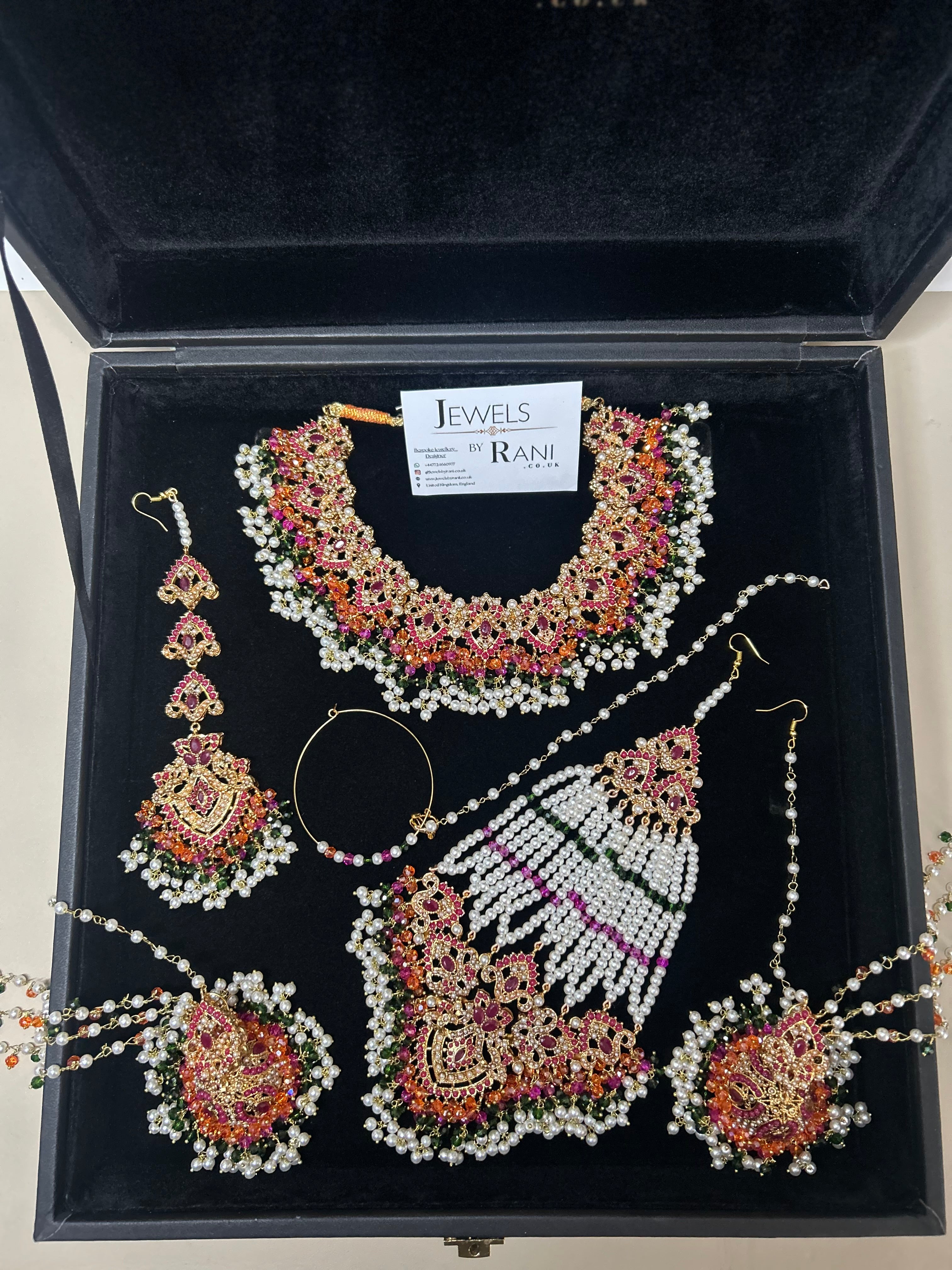 Green, Hot pink, Gold & White coloured necklace set, with heavily beaded Jhumkies & tikka (Copy)