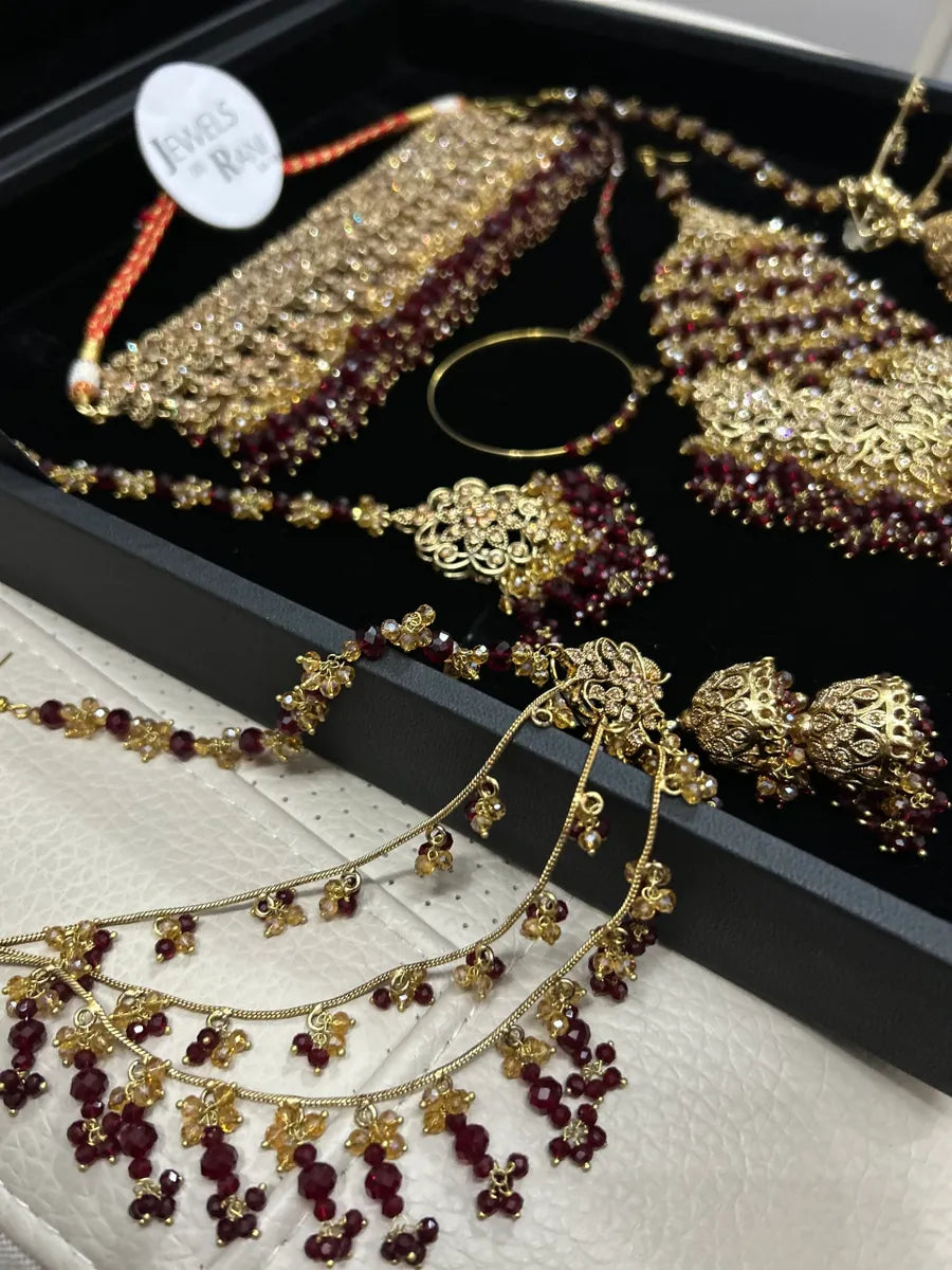 Trending Pakistani Choker Maroon Full Bridal Jewellery Set/ Style 95 - Jewelsbyrani