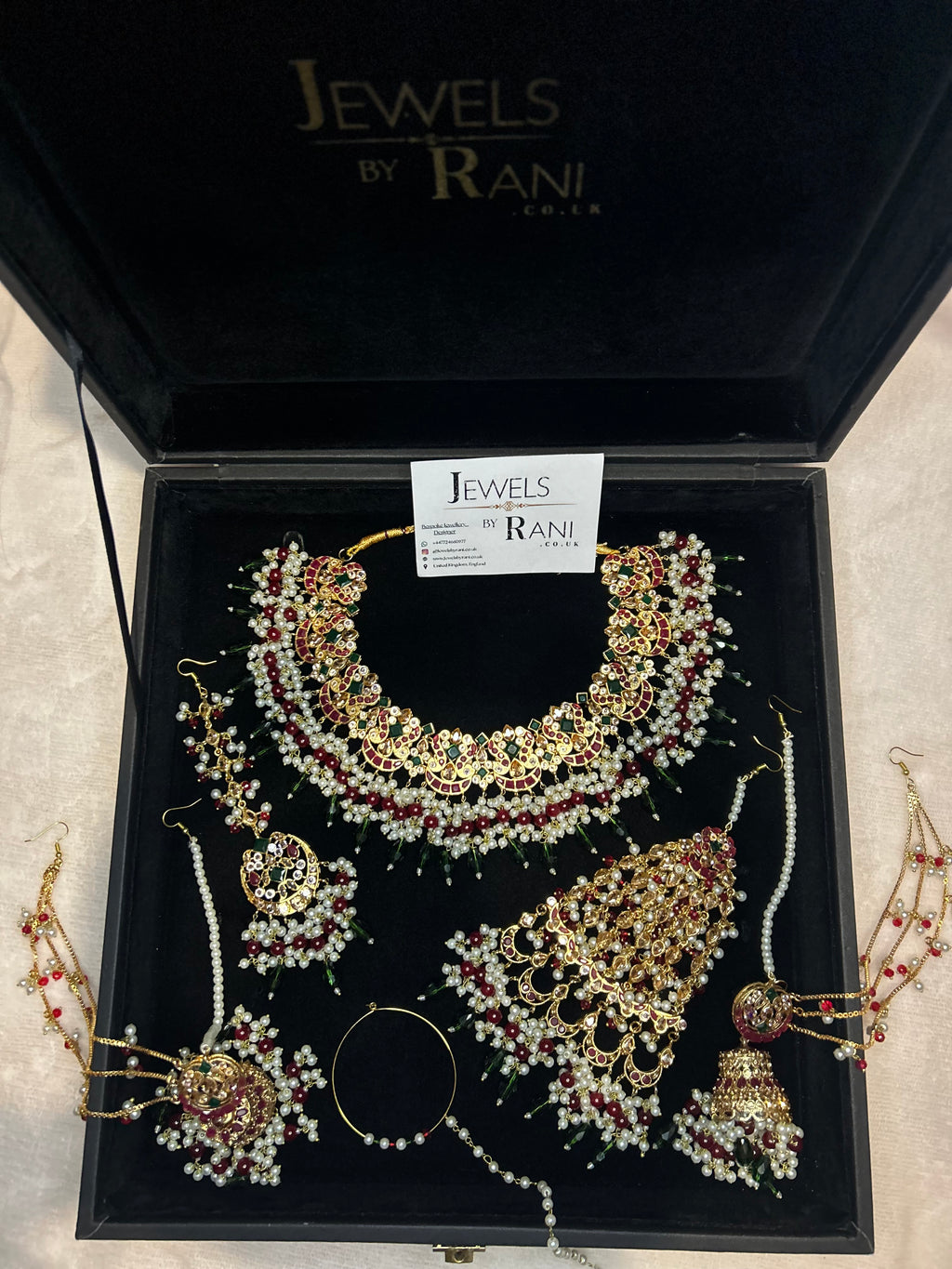 Beautiful Dark Red, Green Drop Crystal and White Kundan Full Bridal Jewellery Set/ Style 17304