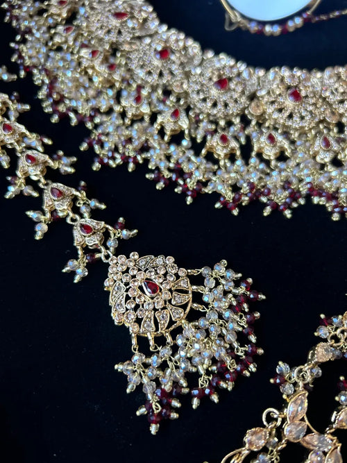 24 crt Gold Plated - Maroon Stones & Maroon and Gold beading - Bridal Jewellery Set