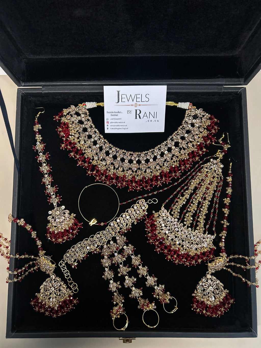 PRE ORDER: 6 Week Making time- Beautiful Deep Red & Gold 22 crt Gold Plated Bridal Jewellery Set + hand piece