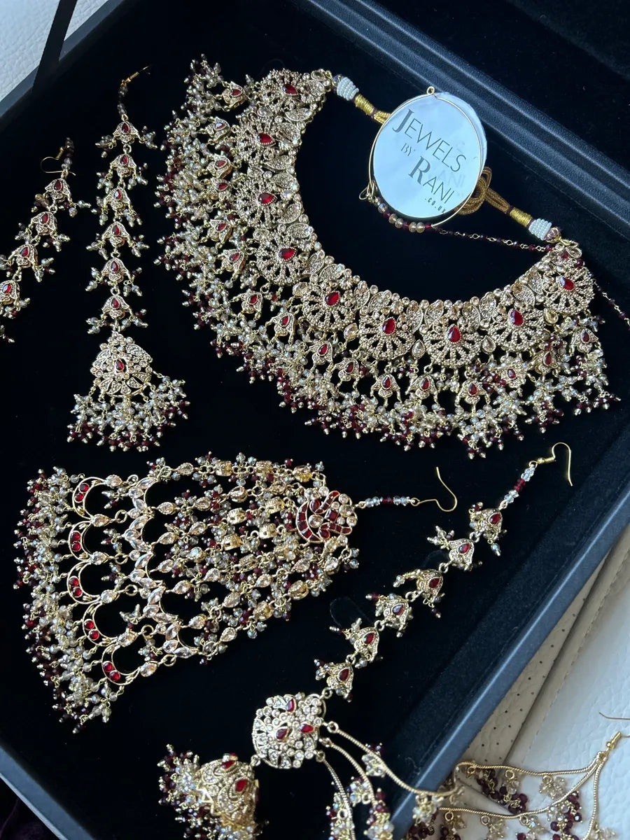 24 crt Gold Plated - Beautiful Maroon Pakistani Bridal Jewellery Set - Jewelsbyrani