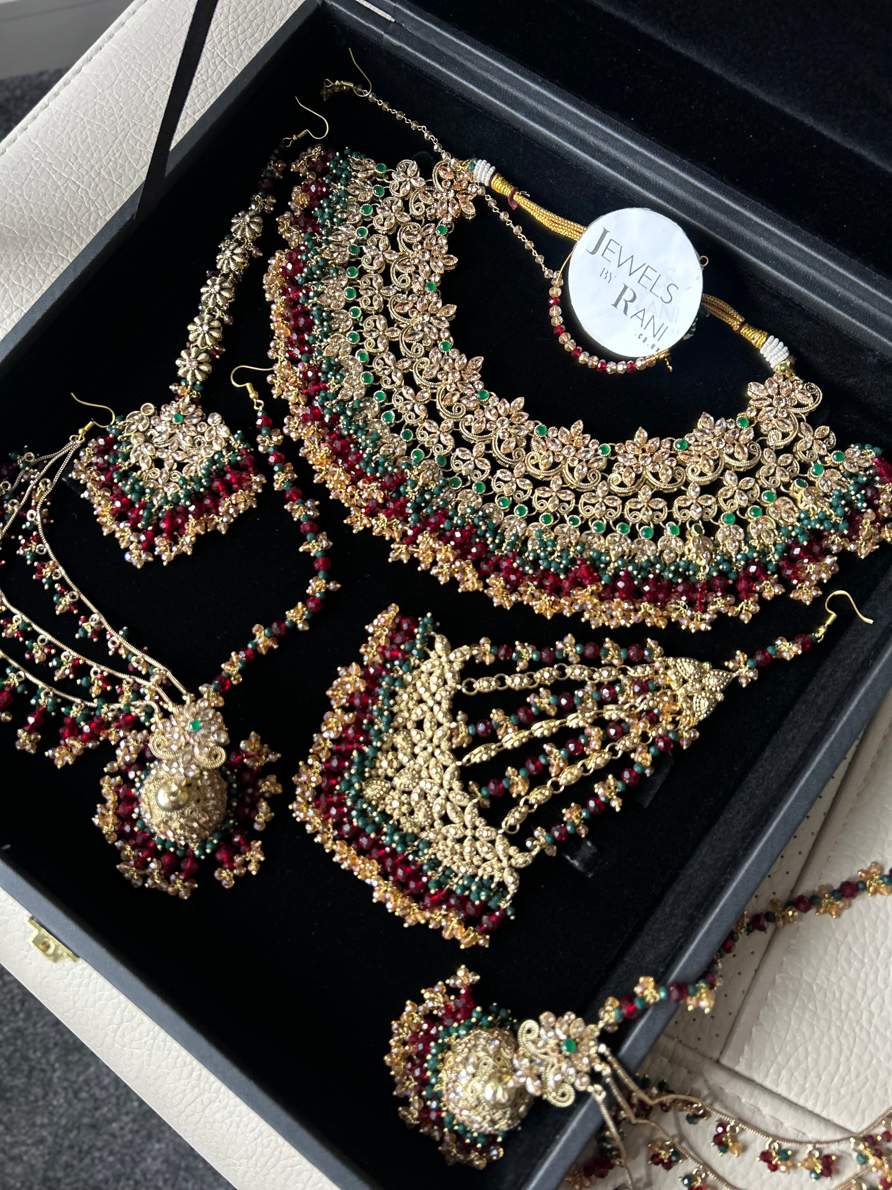 Pre order 6 Weeks - Stunning Detailed Green and Maroon Bridal Jewellery Set - Jewelsbyrani