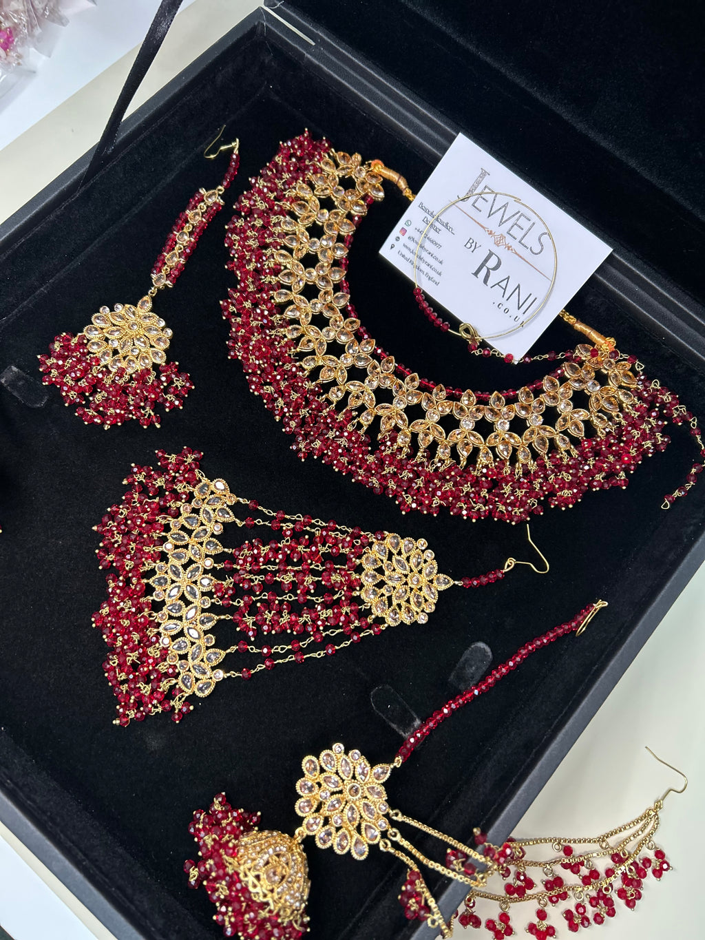 Deep Red Necklace set, with heavily beaded Earrings & tikka
