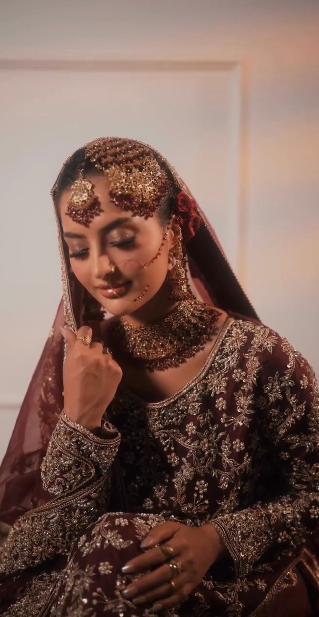 Trending Pakistani Choker Maroon Full Bridal Jewellery Set/ Style 95