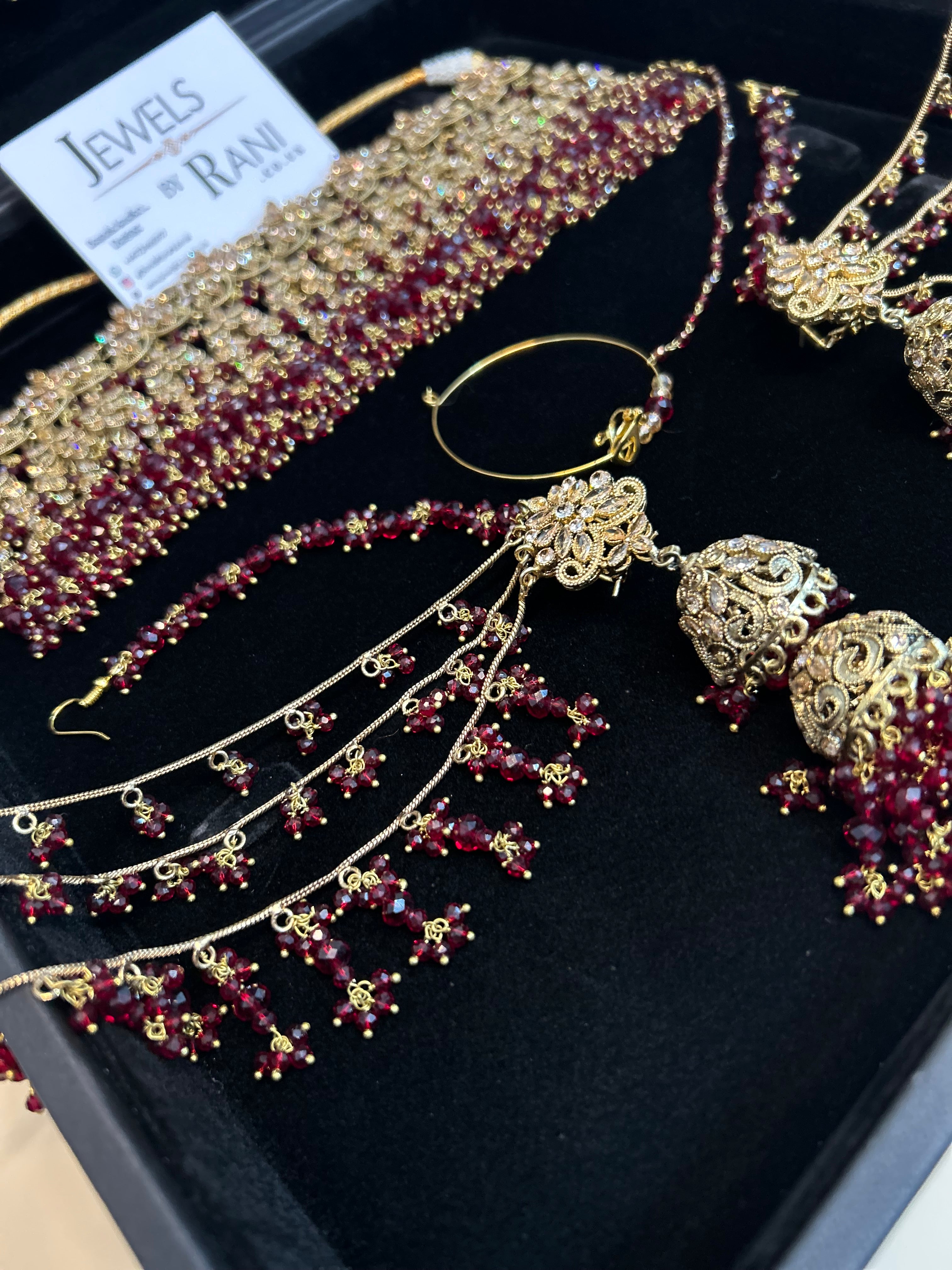 Pre Order 6 Weeks- 22crt Gold Plated Maroon Matha Patti Bridal Jewellery Set With Choker