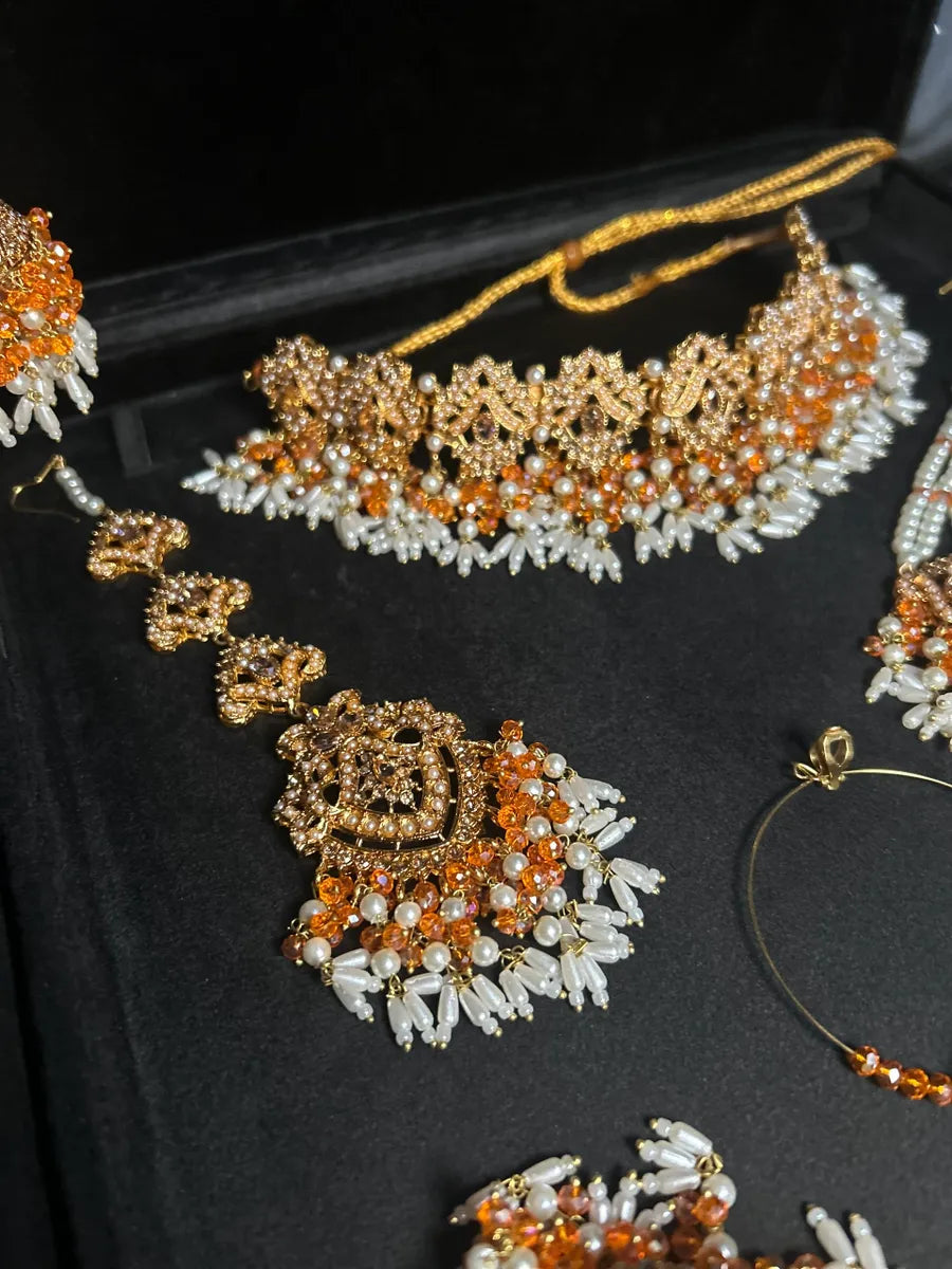 White & Orange Choker set, with heavily beaded earrings & tikka - Jewelsbyrani
