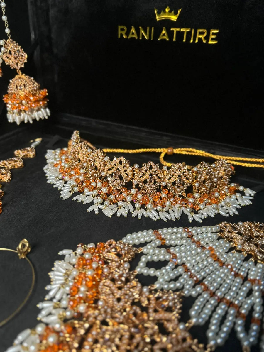 White & Orange Choker set, with heavily beaded earrings & tikka - Jewelsbyrani