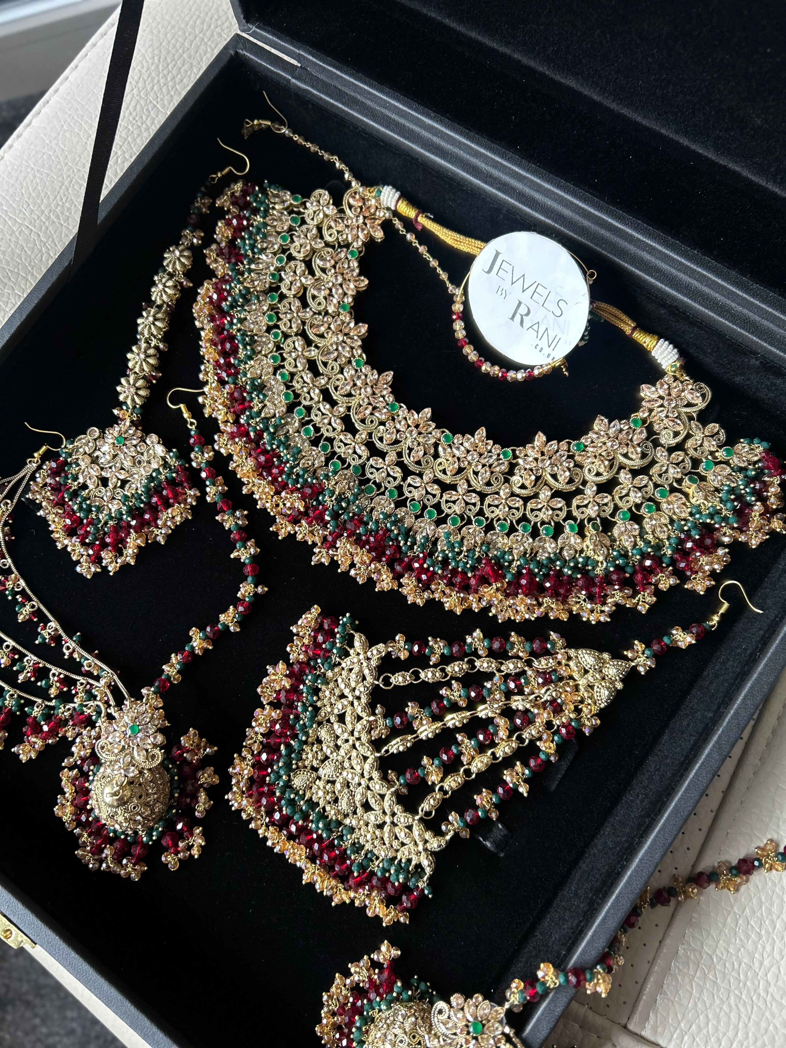 Pre order 6 Weeks - Stunning Detailed Green and Maroon Bridal Jewellery Set
