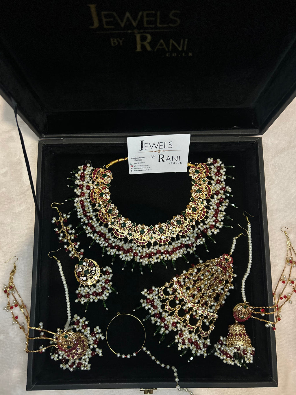 Beautiful Dark Red, Green Drop Crystal and White Kundan Full Bridal Jewellery Set/ Style 17304