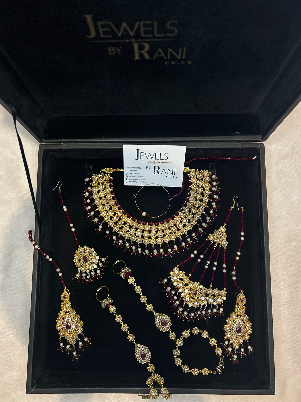 Beautiful Maroon & White Pakistani Necklace Set Full Bridal Jewellery Set | Including 2 Hand Pieces | Style 7279