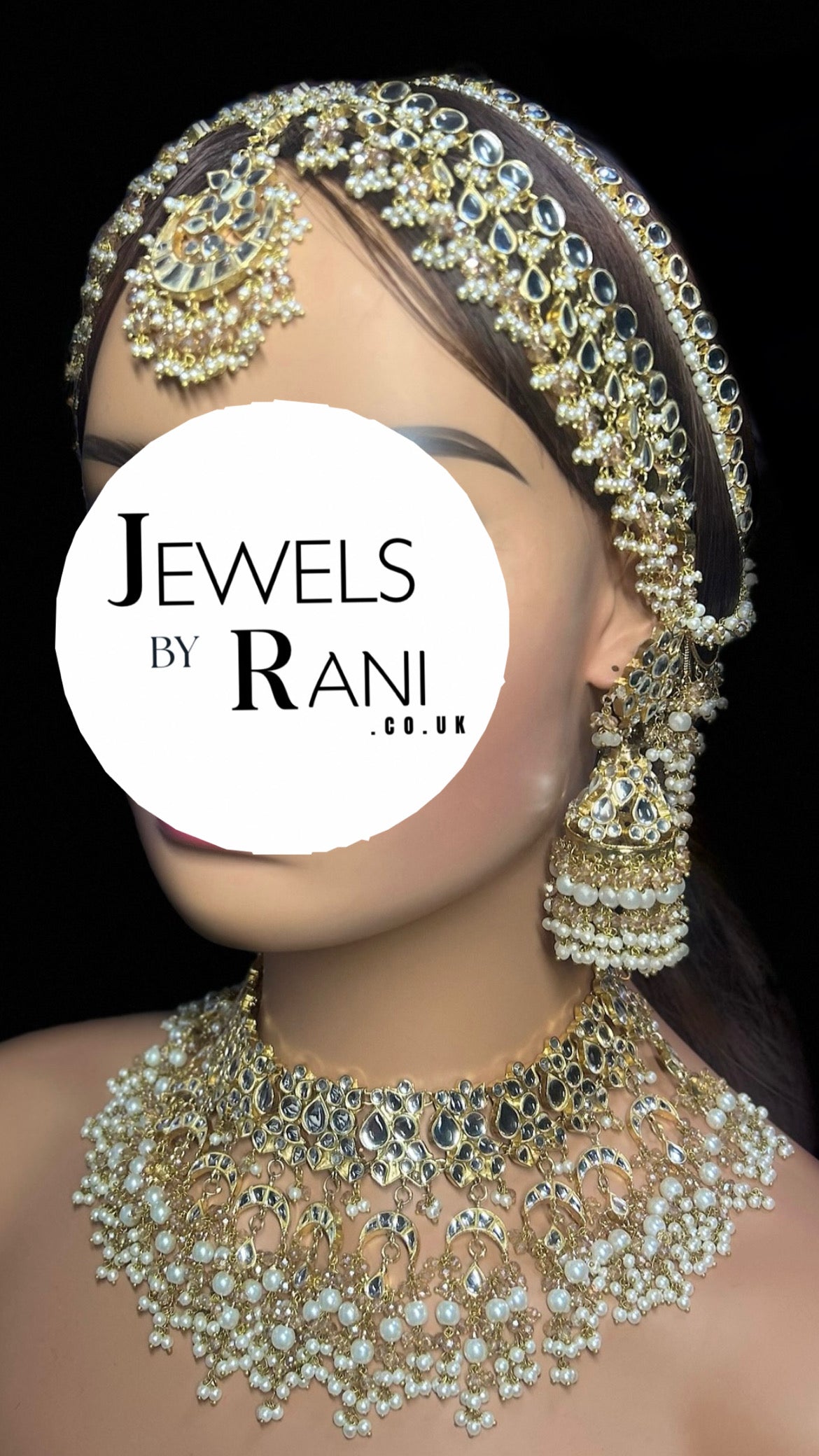 Pre order 6 Weeks - White Kundan Bridal Jewellery Set Matha Patti, Necklace and Jhumkies + nose ring 22crt Gold Plated