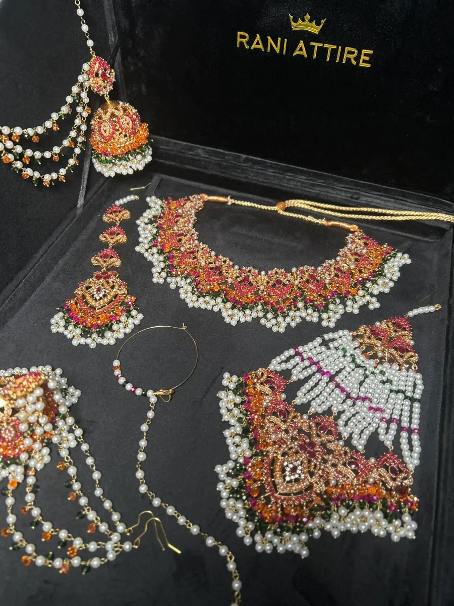 Multi White, Green, Orange & Hot Pink coloured necklace set, with heavily beaded Jhumkies & tikka | Gold Stones