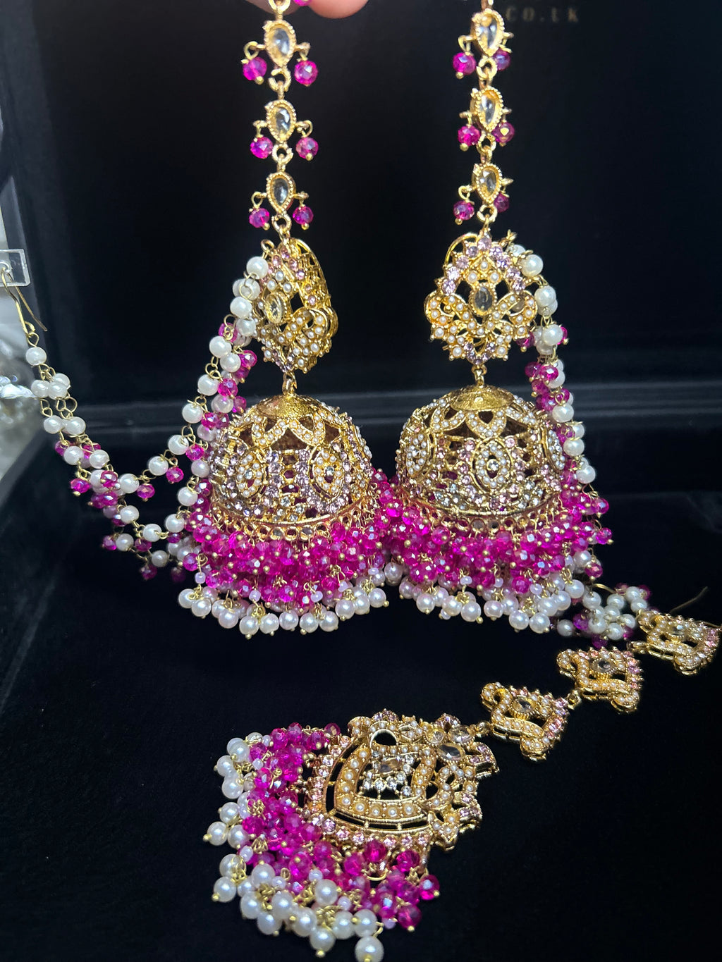 Hot pink and White Multi Coloured Jhumkes & Tikka Set