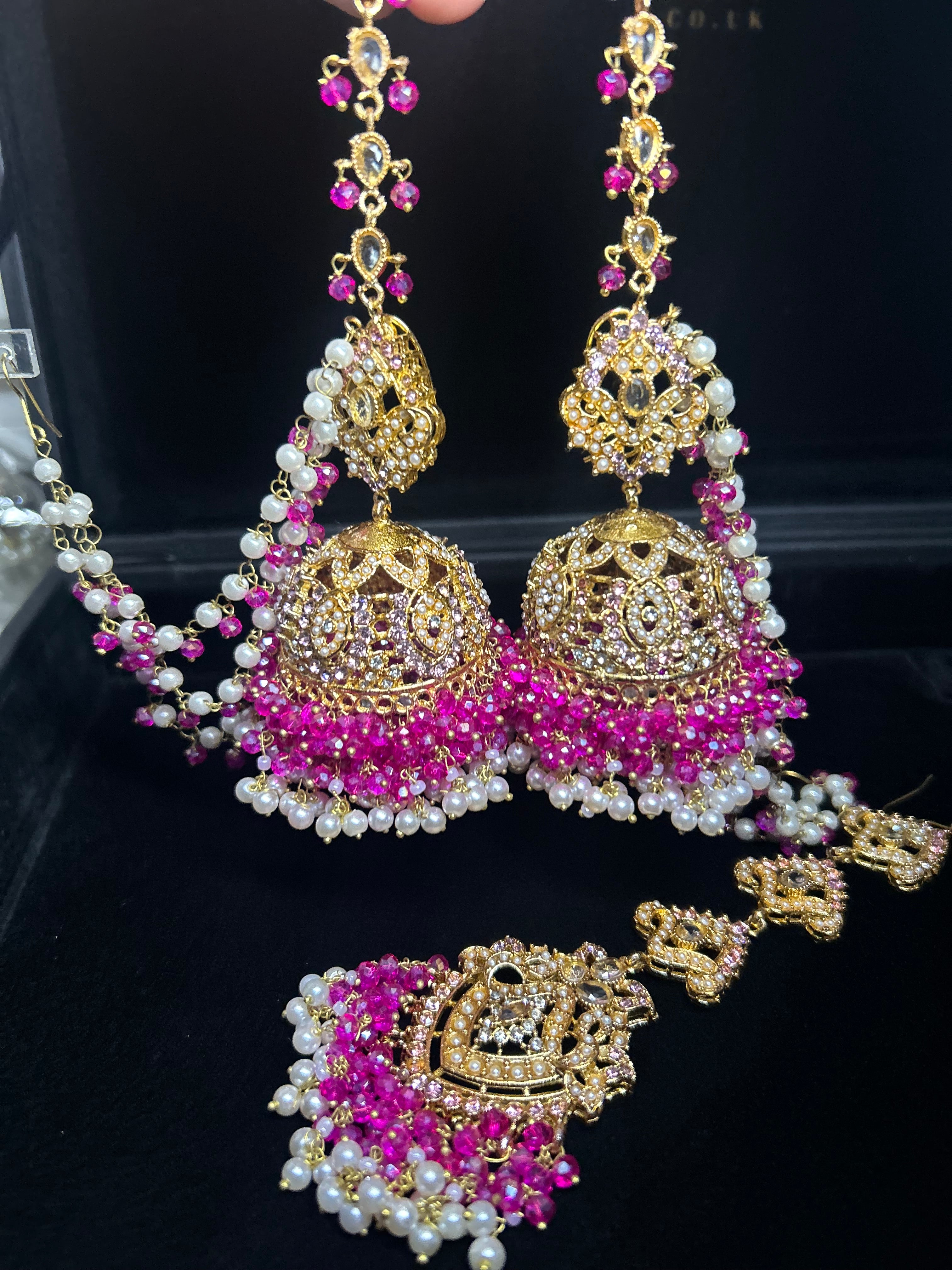 Hot pink and White Multi Coloured Jhumkes & Tikka Set