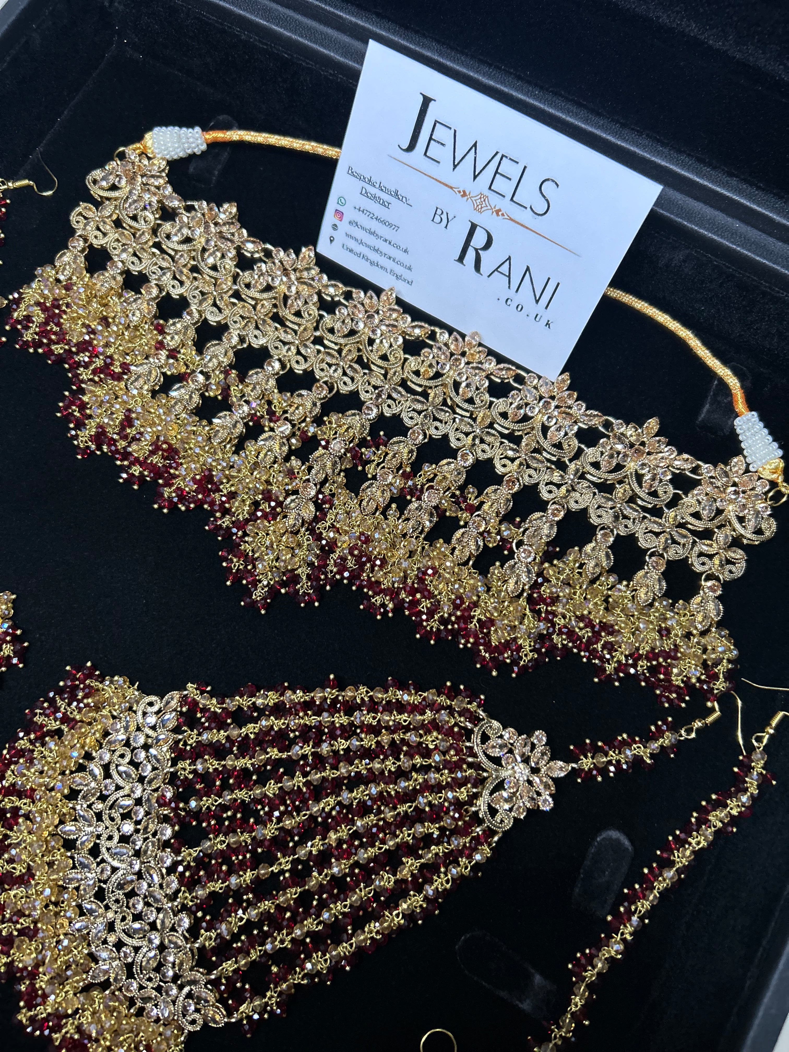PRE ORDER: 6 Week Making time- Beautiful Maroon & Gold Dangle Necklace  22crt Gold Plated Bridal Jewellery Set
