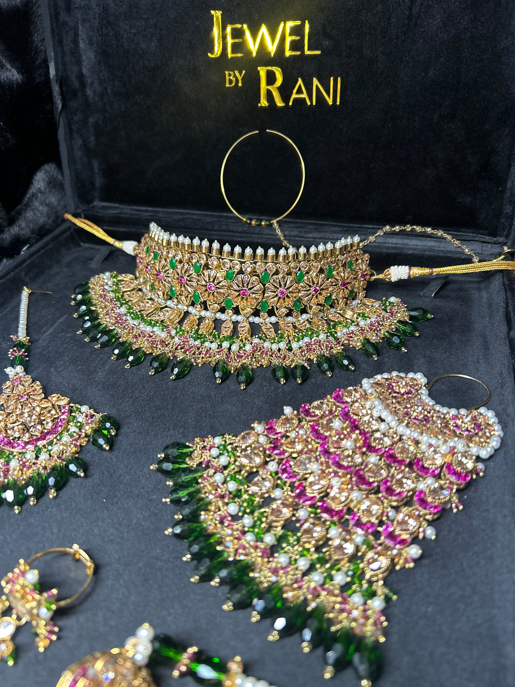 Pre order No gold plate: Same set, Crystals changed to a lighter green, Jhumkies made smaller, NO JHUMAR, Needed July 15th