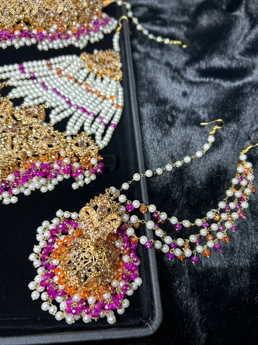 Multi Choker Orange & Hot Pink coloured necklace set, with heavily beaded Jhumkies & tikka - Jewelsbyrani