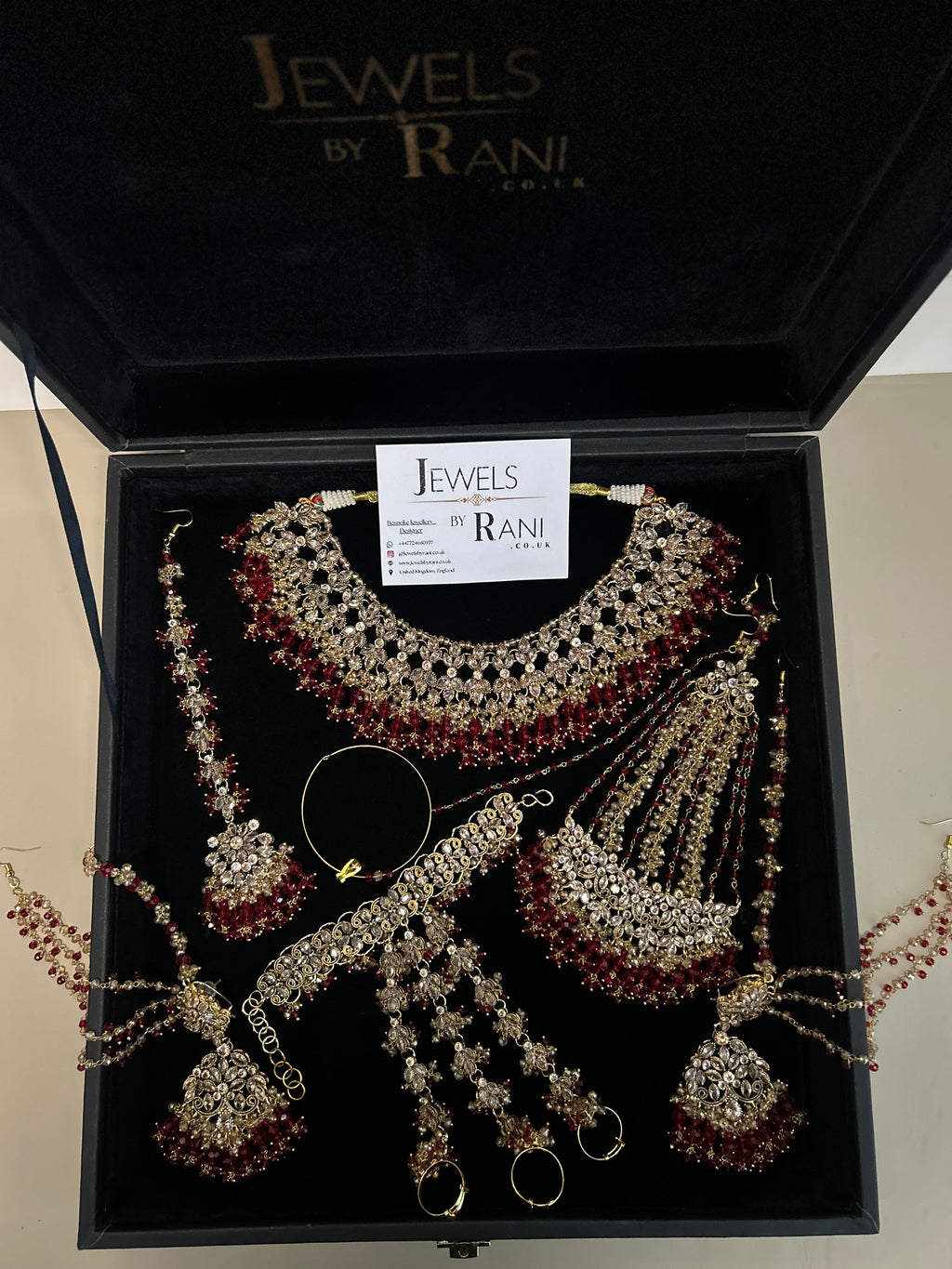PRE ORDER: 6 Week Making time- Beautiful Deep Red & Gold 22 crt Gold Plated Bridal Jewellery Set + hand piece