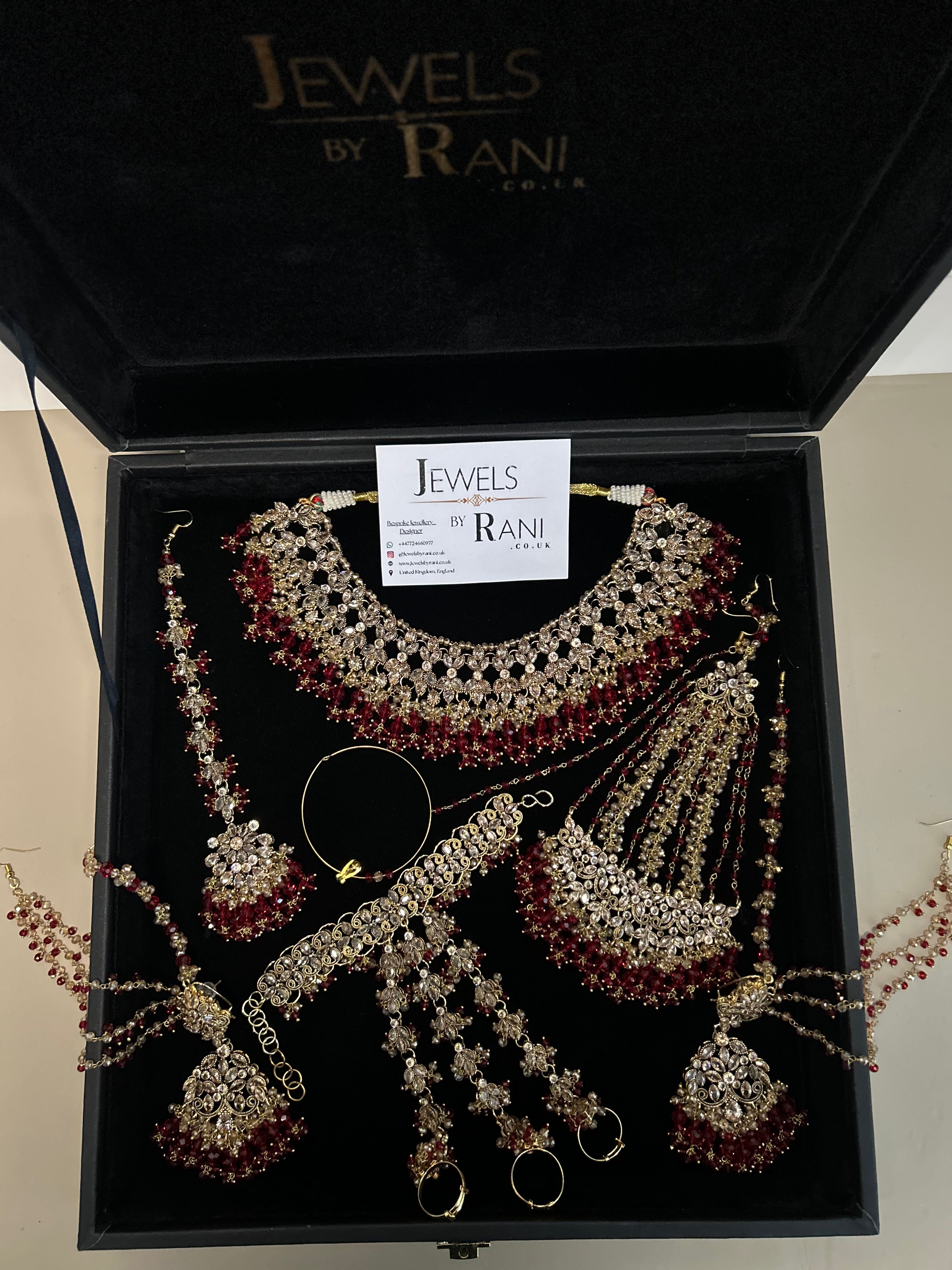 PRE ORDER: 6 Week Making time- Beautiful Deep Red & Gold 22 crt Gold Plated Bridal Jewellery Set + hand piece
