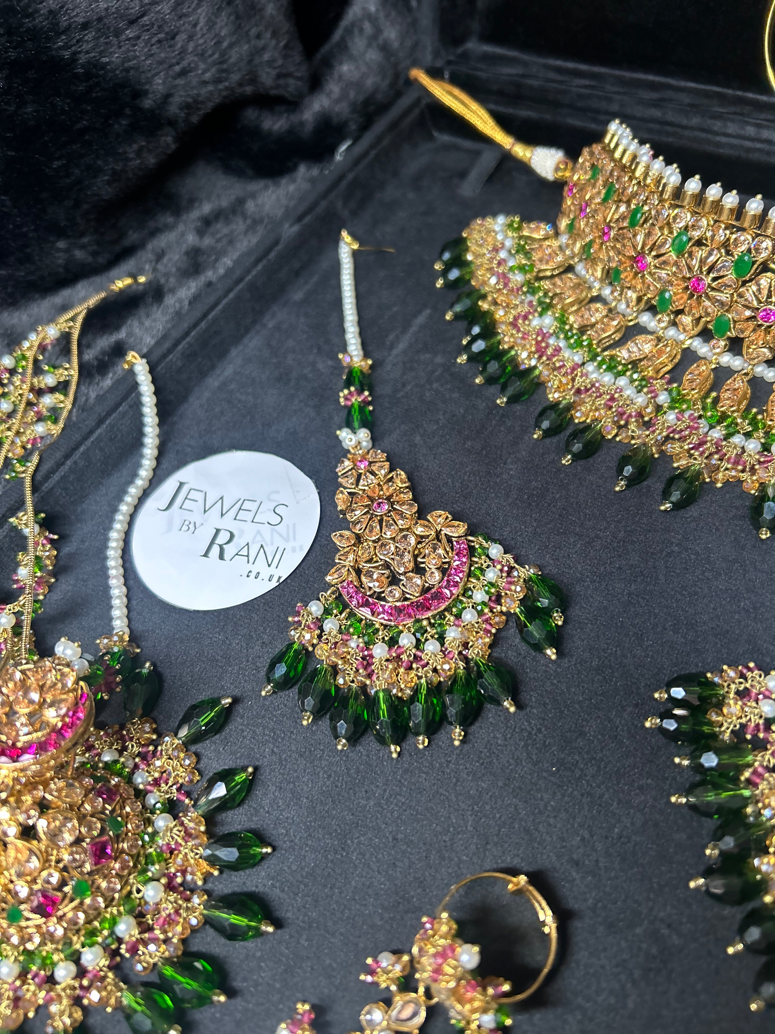 Pre order No gold plate: Same set, Crystals changed to a lighter green, Jhumkies made smaller, NO JHUMAR, Needed July 15th