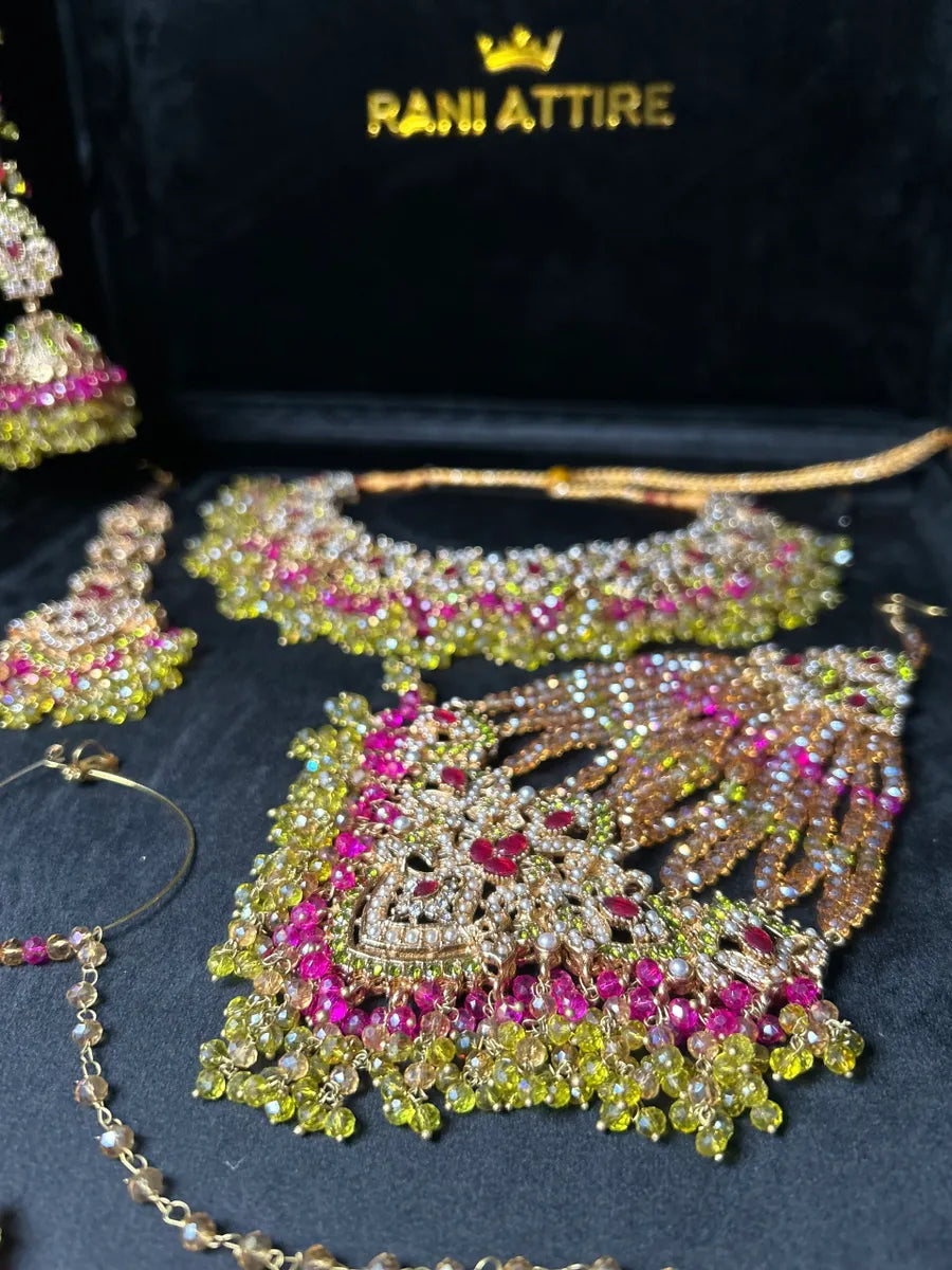 Olive Green, Hot Pink & Gold coloured necklace set, with heavily beaded Jhumkies & tikka - Jewelsbyrani