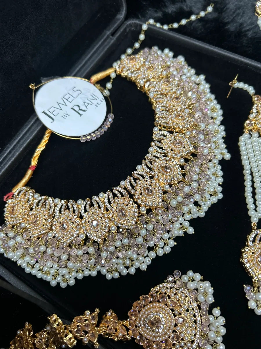 Beautiful, Detailed Baby Pink & Gold Bridal Set - Jewelsbyrani