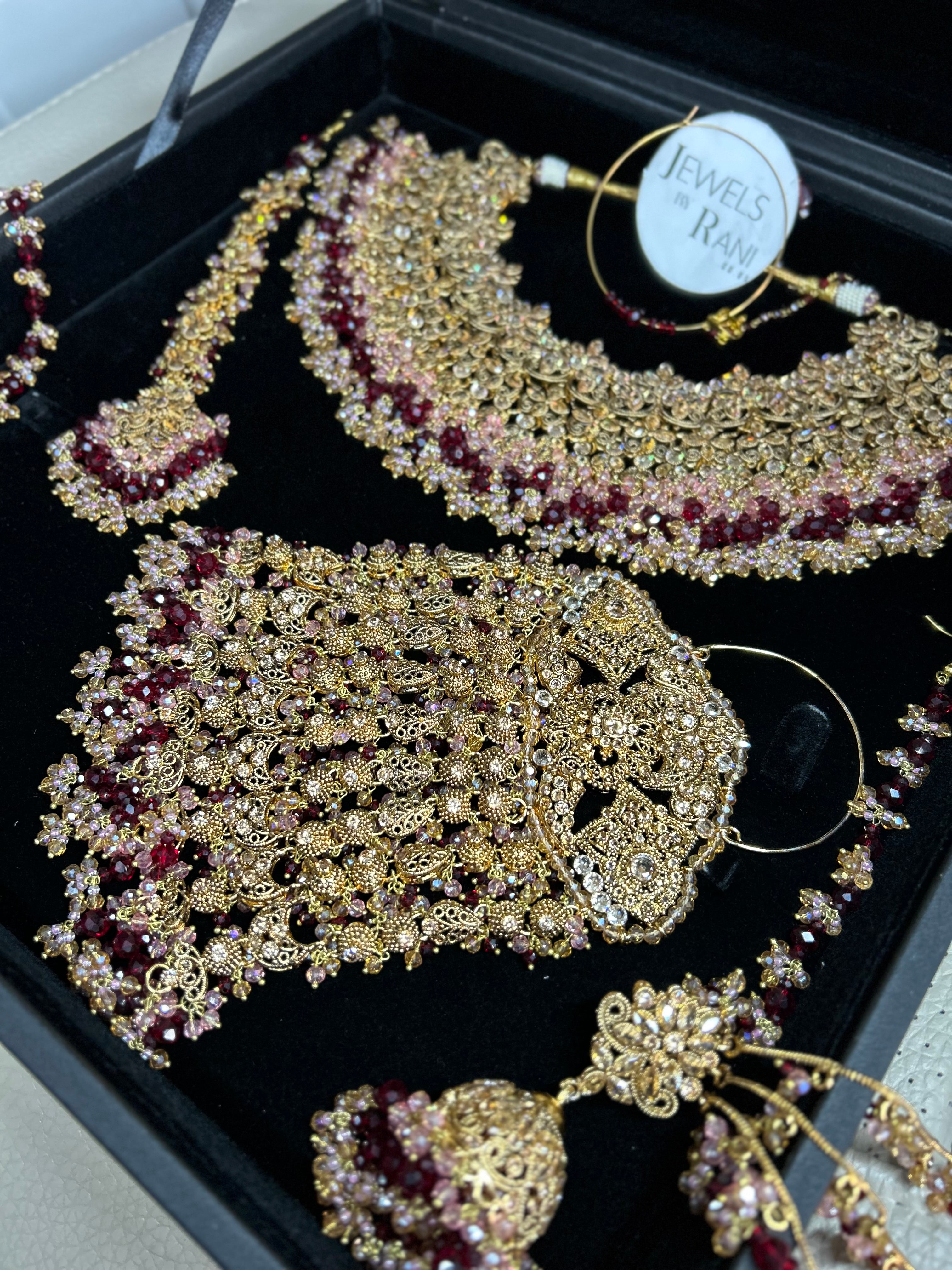 Pre order 6 Weeks - Stunning Detailed Maroon and Pink Bridal Jewellery Set - Jewelsbyrani