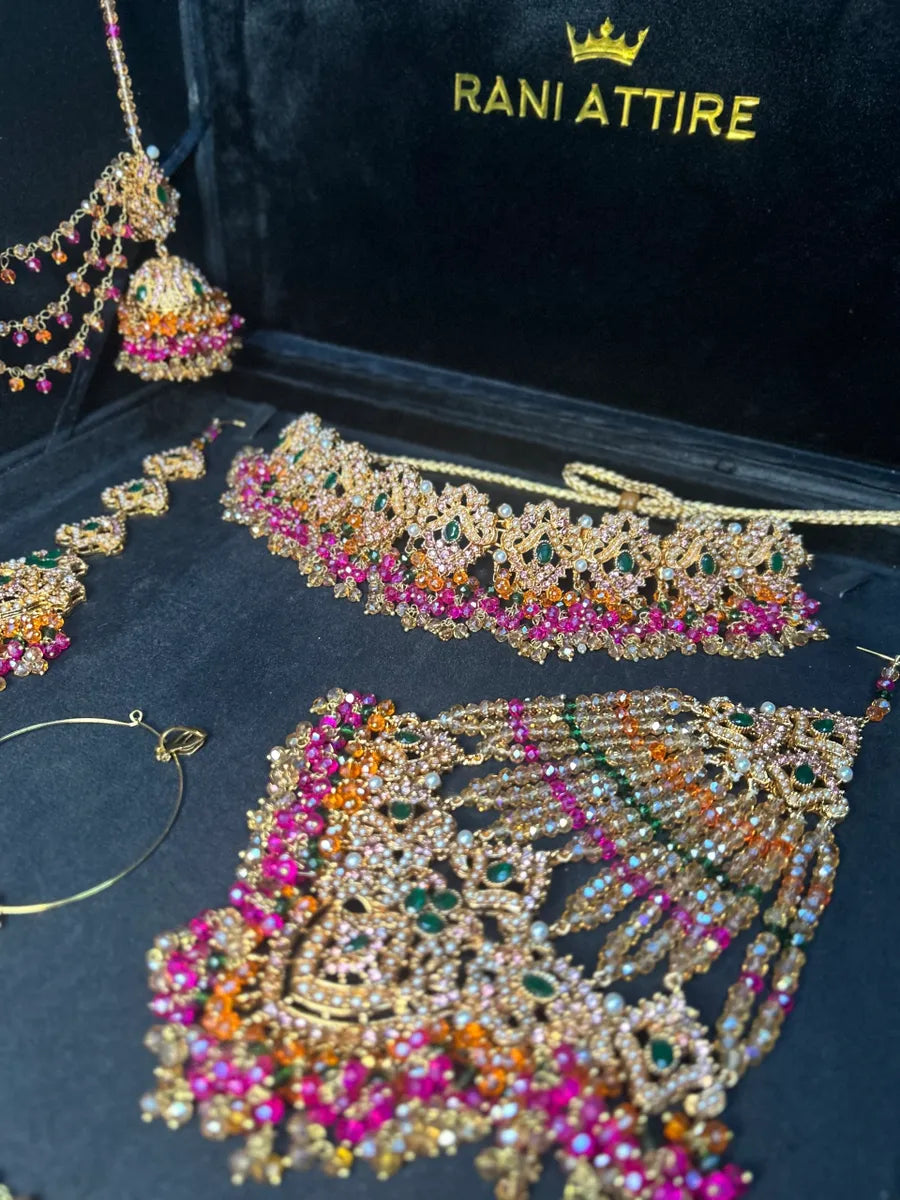 Multi Choker Green, Orange & Hot Pink coloured necklace set, with heavily beaded Jhumkies & tikka | Gold Stones - Jewelsbyrani