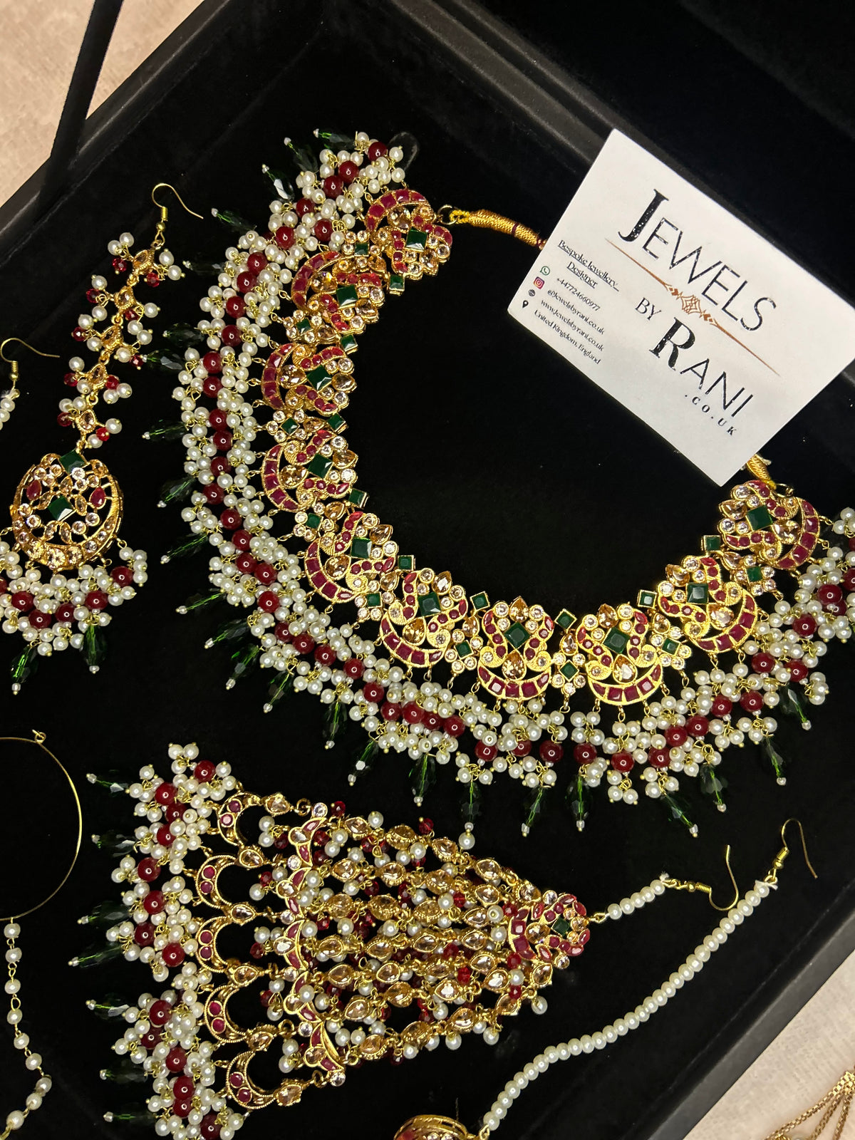 Beautiful Dark Red, Green Drop Crystal and White Kundan Full Bridal Jewellery Set/ Style 17304