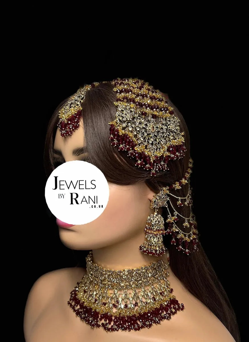 Trending Pakistani Choker Maroon Full Bridal Jewellery Set/ Style 95 - Jewelsbyrani