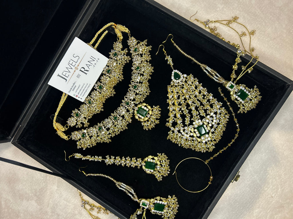 Beautiful Gold,White and Green 22crt Gold Plated Bridal Jewellery Set | Perfect for any occasion -Style 42186