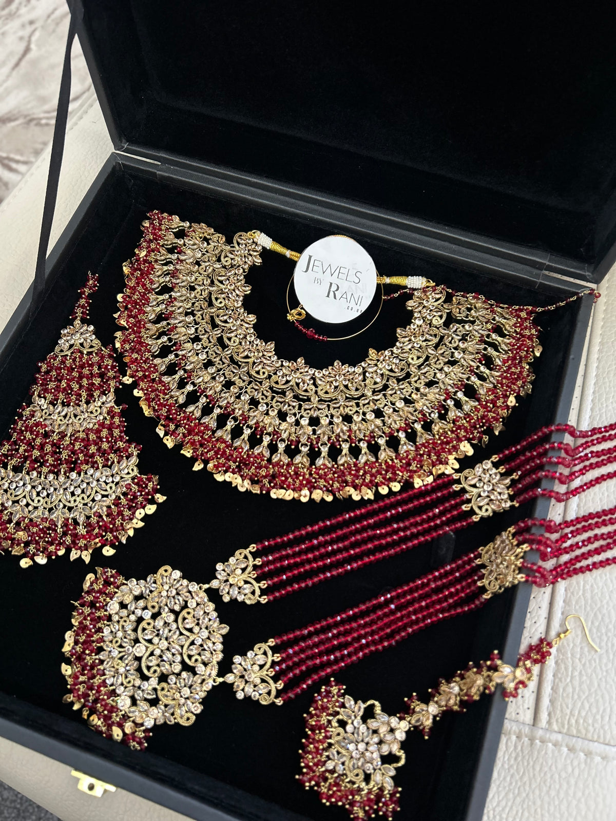 Pre Order 6 Weeks- Deep Red and Gold Large Necklace, Jhumar and Mala Set Perfect for Hijabis