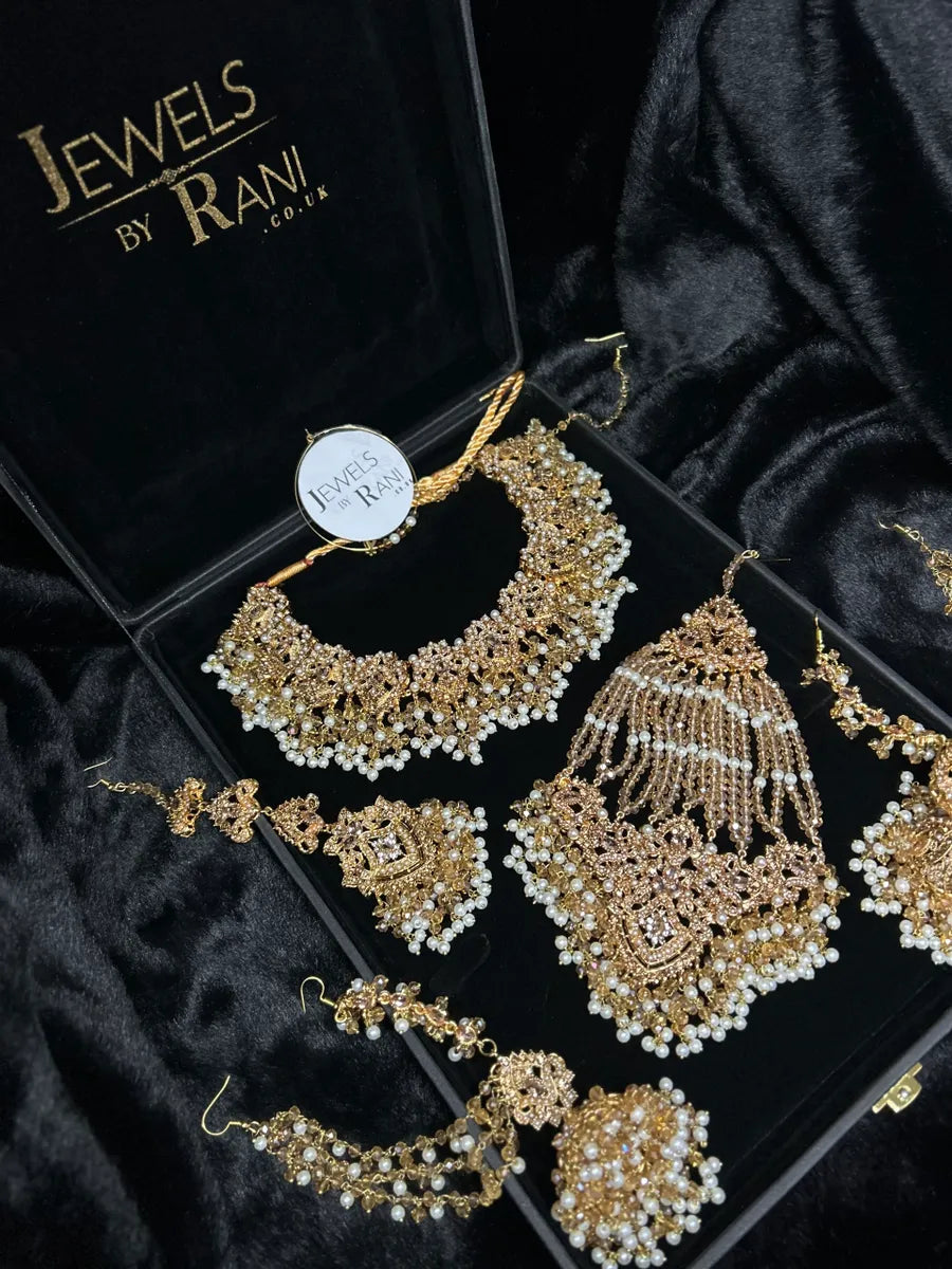 Beautiful Bridal Jewellery set- Gold & White Heavily Beaded Bridal Set - Jewelsbyrani