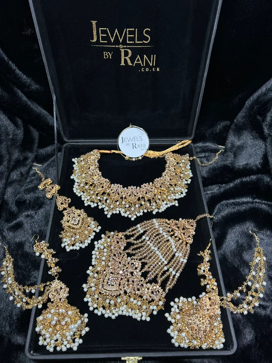 Beautiful Bridal Jewellery set- Gold & White Heavily Beaded Bridal Set - Jewelsbyrani
