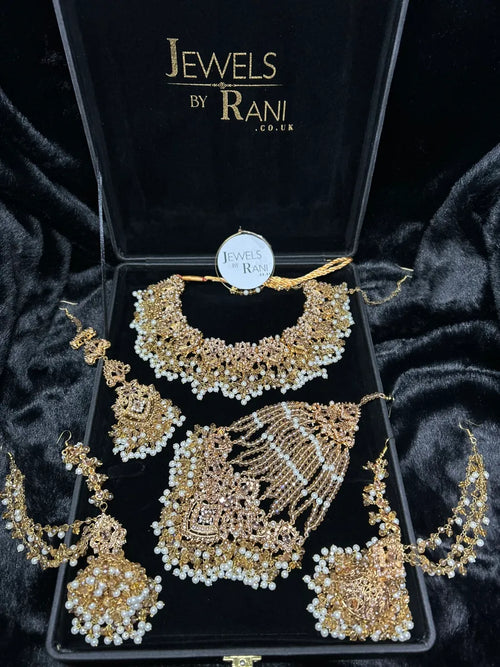 Beautiful Bridal Jewellery set- Gold & White Heavily Beaded Bridal Set - Jewelsbyrani