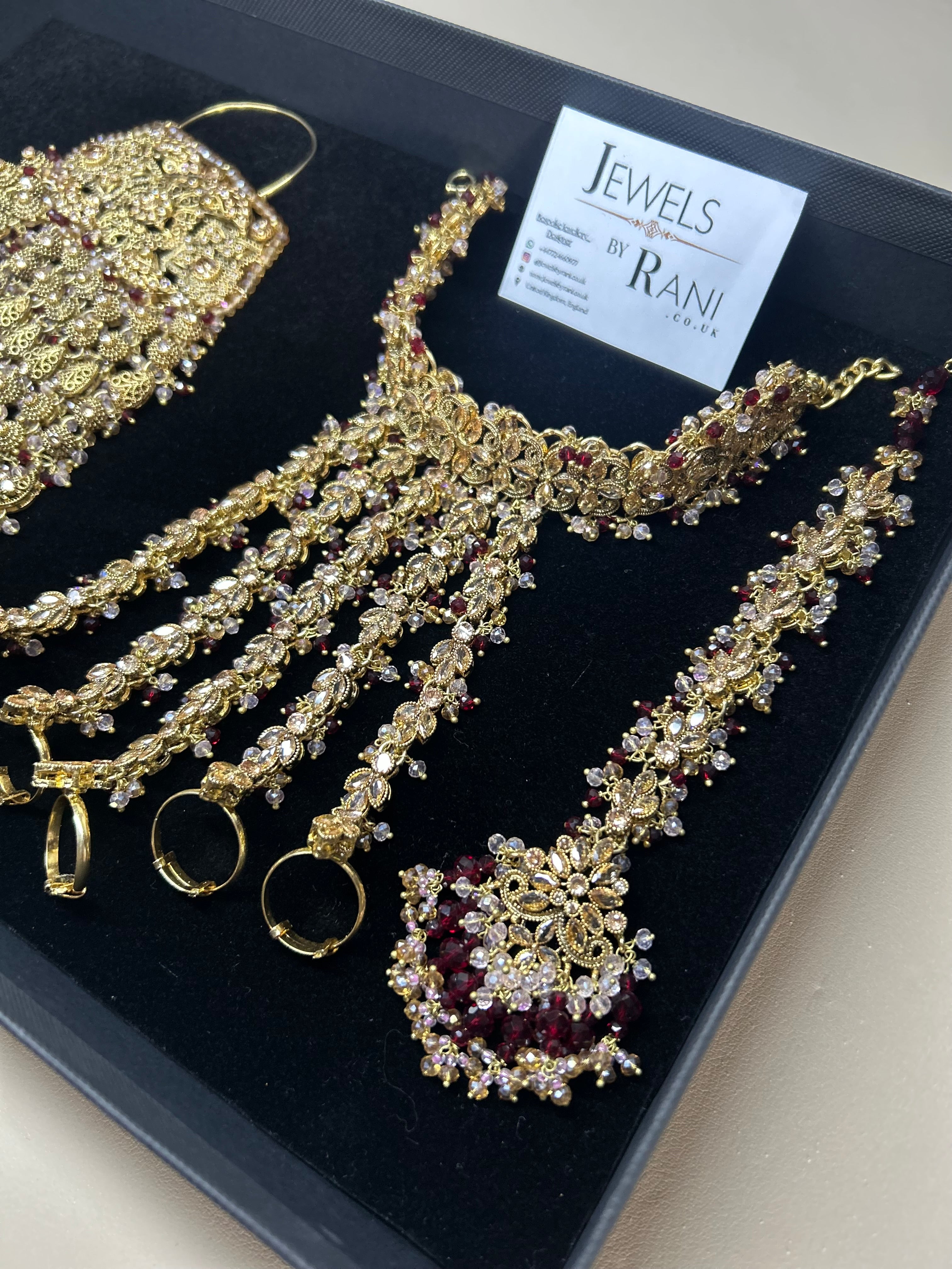 Pre Order 6 Weeks: 22crt Gold Plated Hand Piece, Jhumar & Tikka