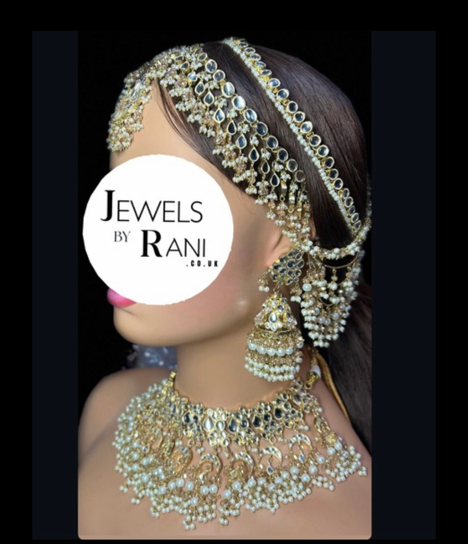 Pre order 6 Weeks - White Kundan Bridal Jewellery Set Matha Patti, Necklace and Jhumkies + nose ring 22crt Gold Plated