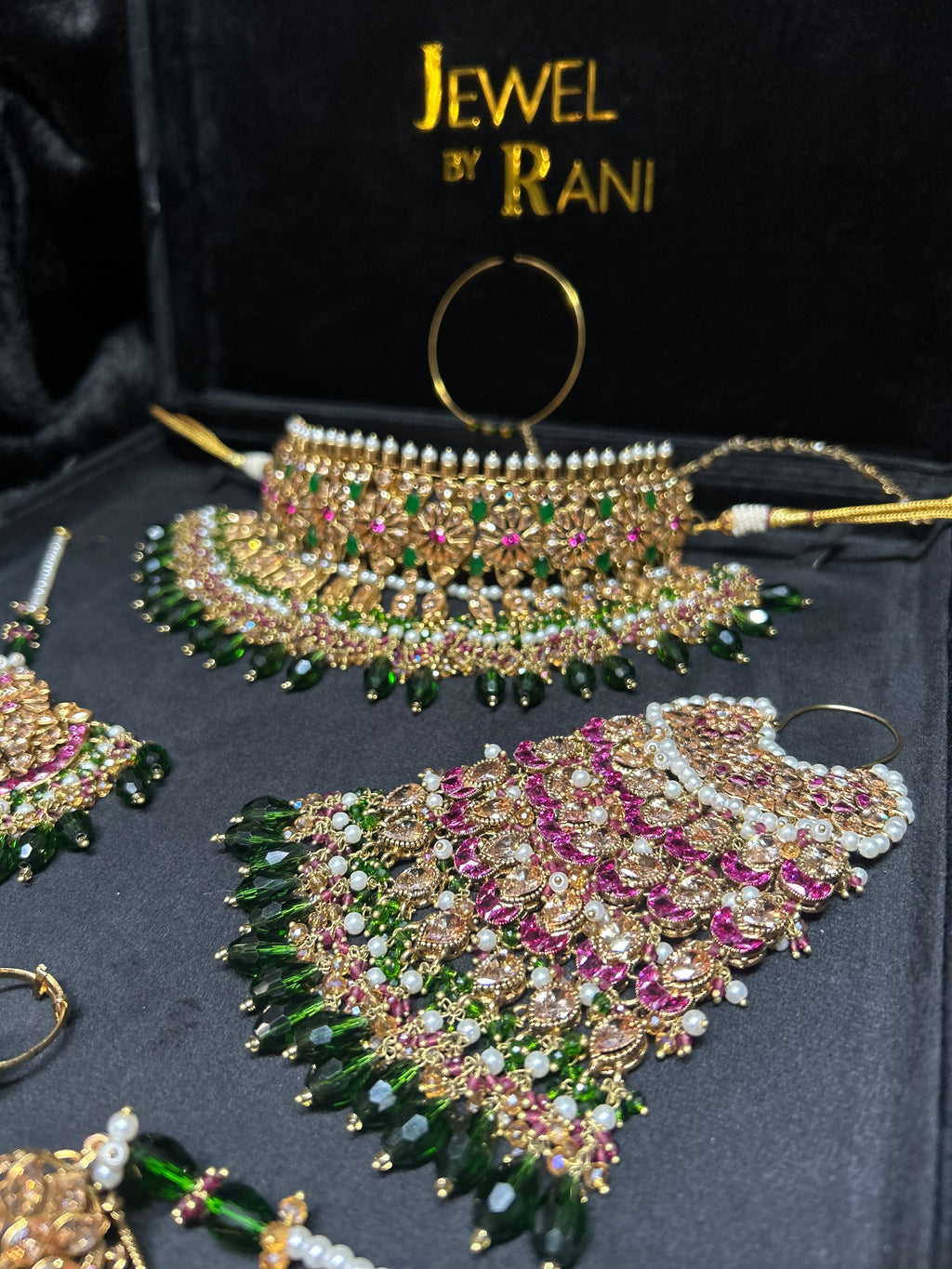 Pre order No gold plate: Same set, Crystals changed to a lighter green, Jhumkies made smaller, NO JHUMAR, Needed July 15th