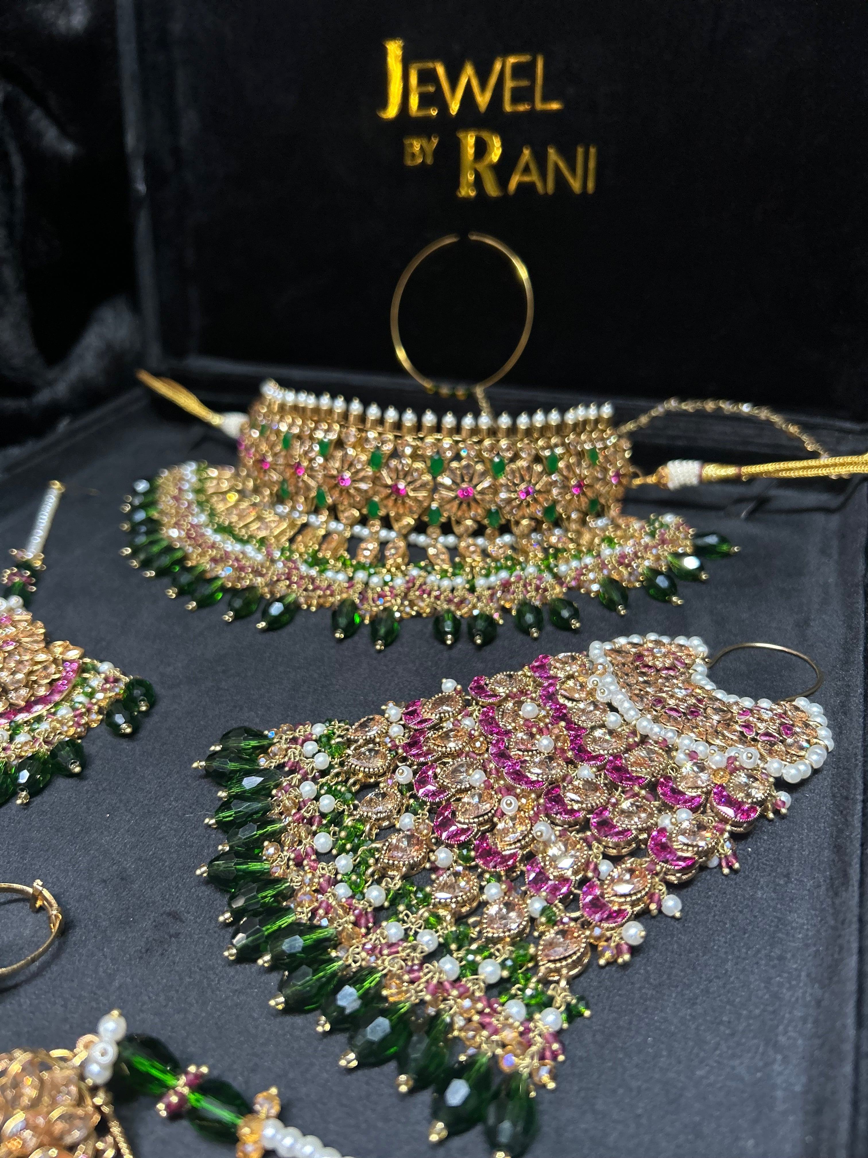 Pre order No gold plate: Same set, Crystals changed to a lighter green, Jhumkies made smaller, NO JHUMAR, Needed July 15th