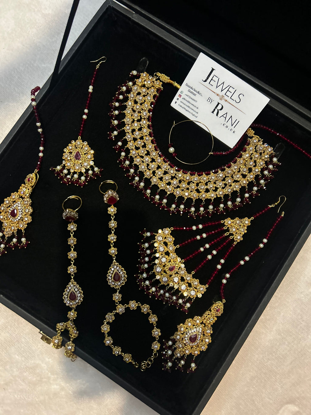 Beautiful Maroon & White Pakistani Necklace Set Full Bridal Jewellery Set | Including 2 Hand Pieces | Style 7279