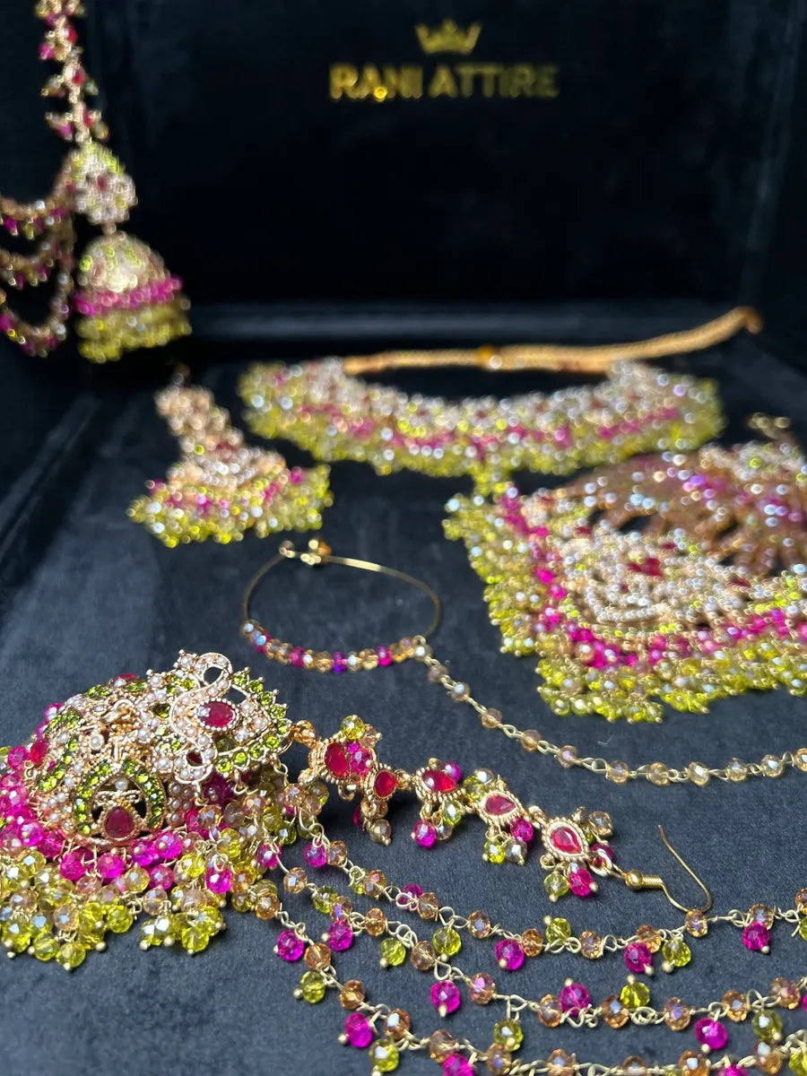 Olive Green, Hot Pink & Gold coloured necklace set, with heavily beaded Jhumkies & tikka - Jewelsbyrani