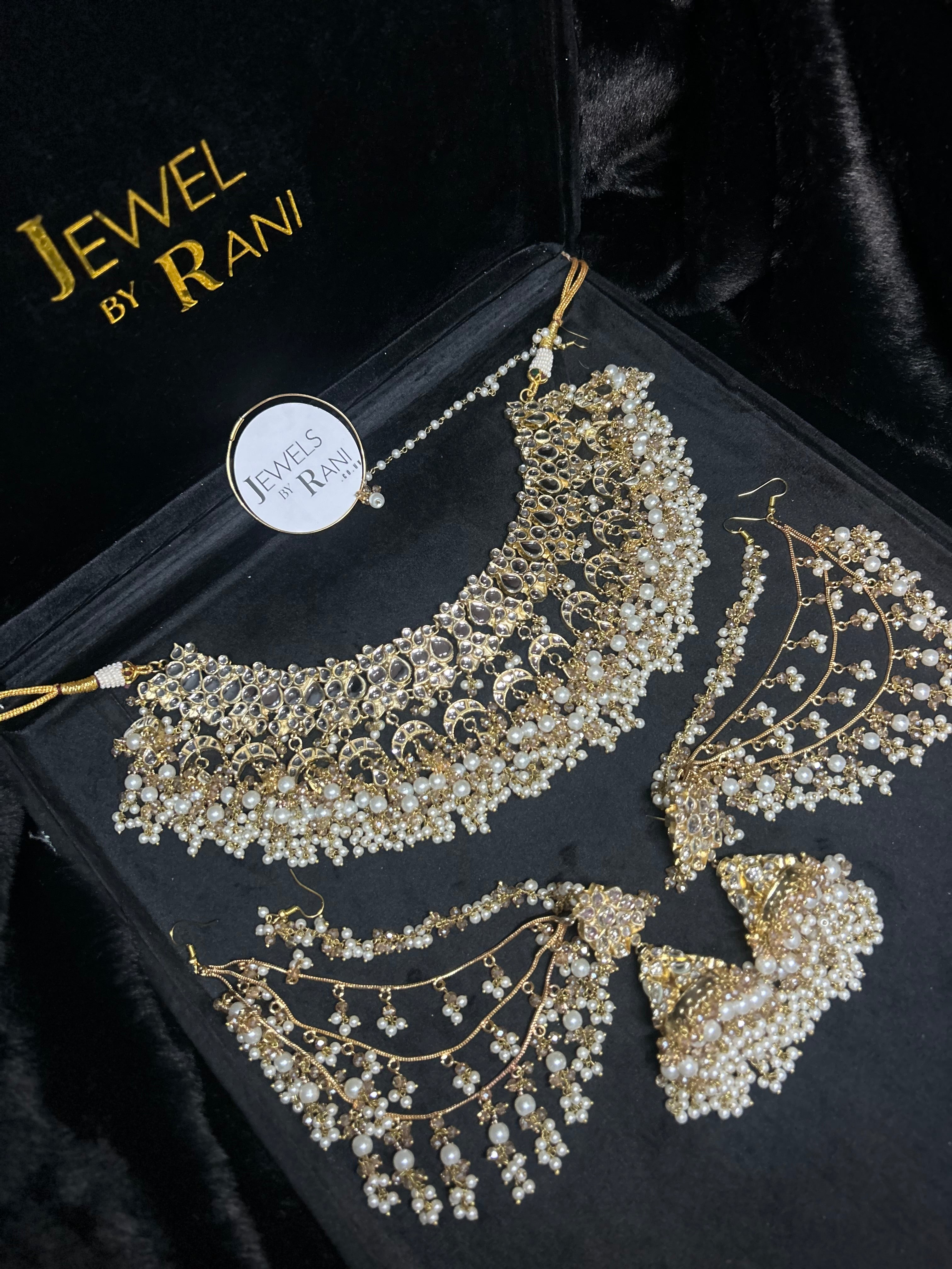 Pre order 6 Weeks - White Kundan Bridal Jewellery Set Matha Patti, Necklace and Jhumkies + nose ring 22crt Gold Plated