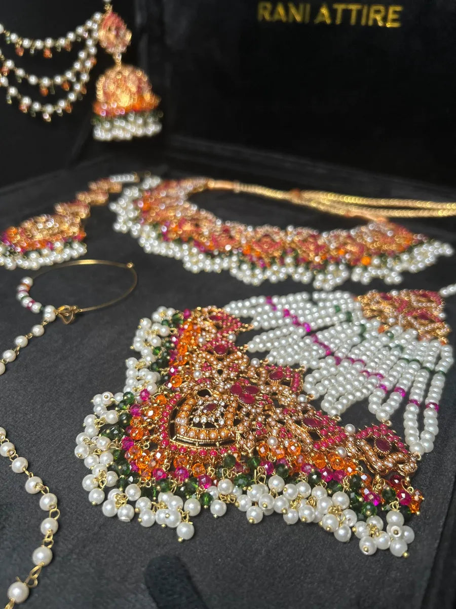 Multi White, Green, Orange & Hot Pink coloured necklace set, with heavily beaded Jhumkies & tikka | Gold Stones