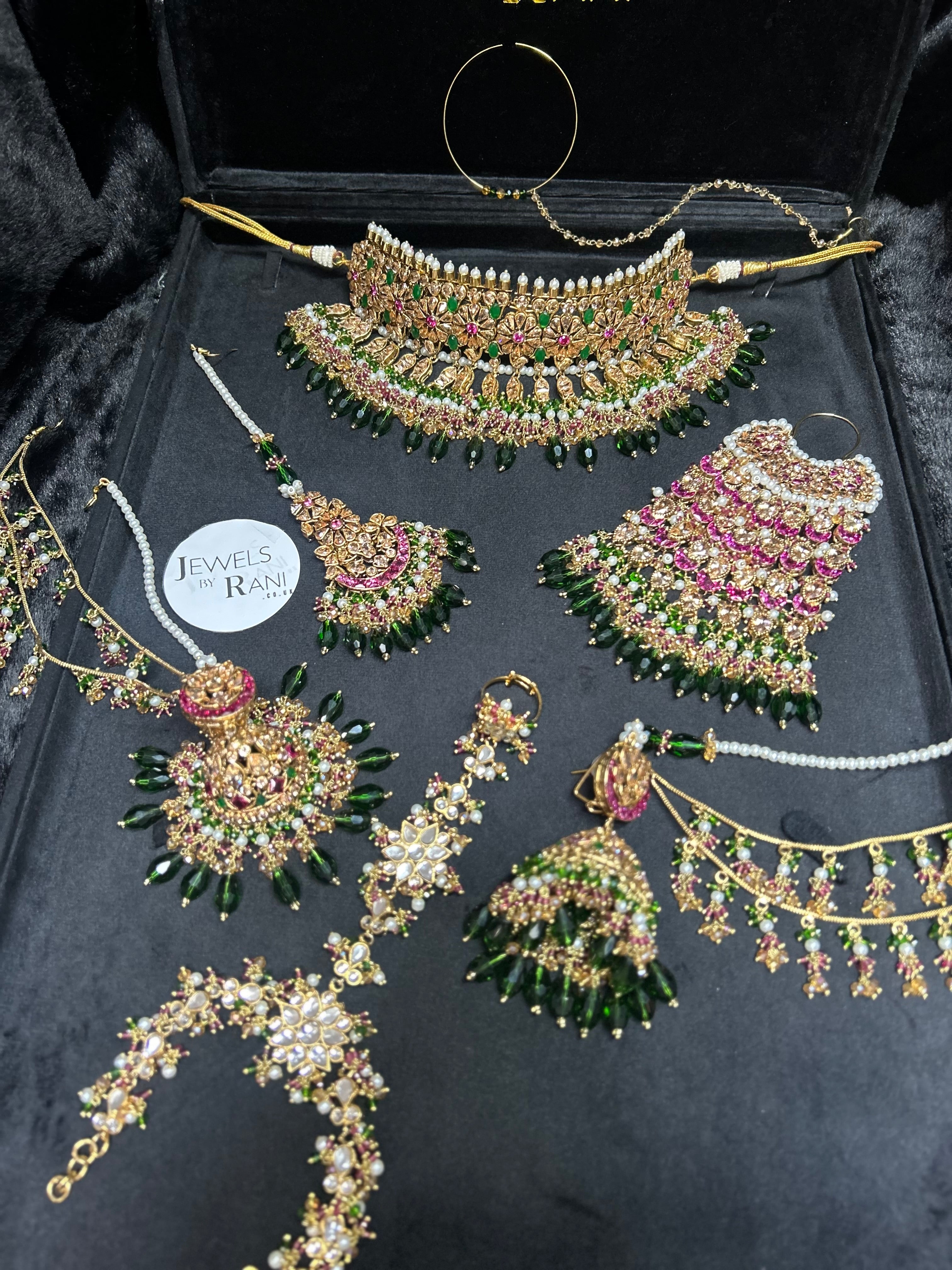 Pre order No gold plate: Same set, Crystals changed to a lighter green, Jhumkies made smaller, NO JHUMAR, Needed July 15th
