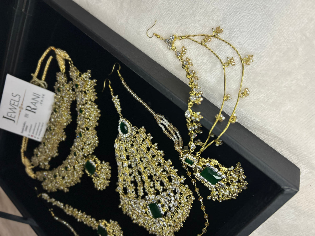 Beautiful Gold,White and Green 22crt Gold Plated Bridal Jewellery Set | Perfect for any occasion -Style 42186