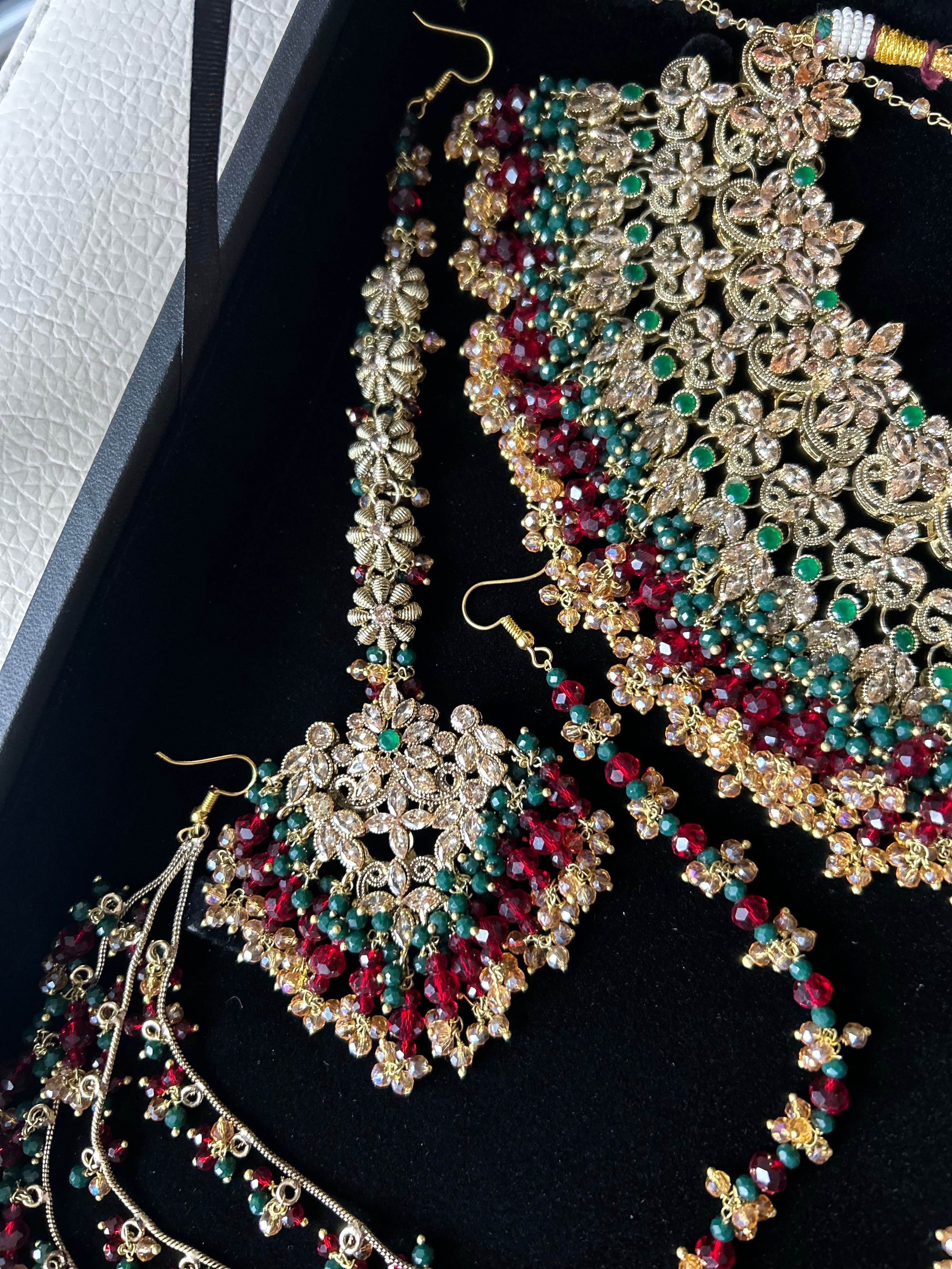 Pre order 6 Weeks - Stunning Detailed Green and Maroon Bridal Jewellery Set